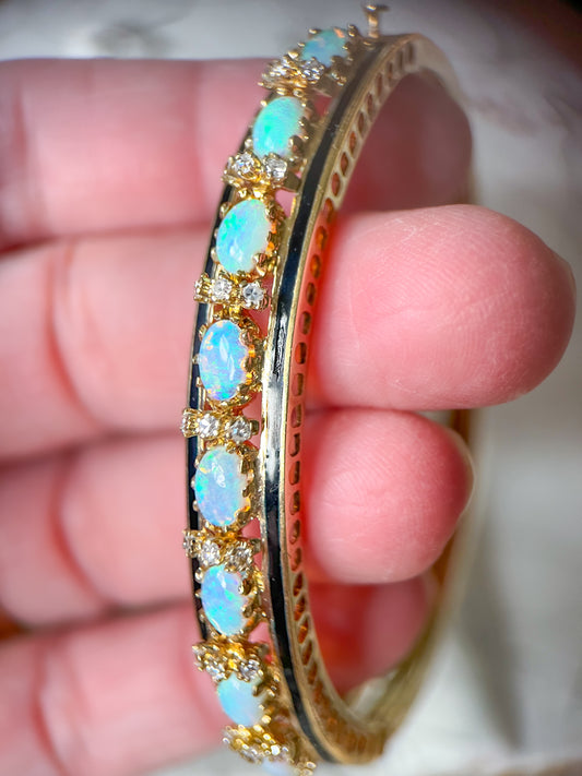 Vintage Opal, Natural Diamond and Enamel 14k Yellow Gold Bangle