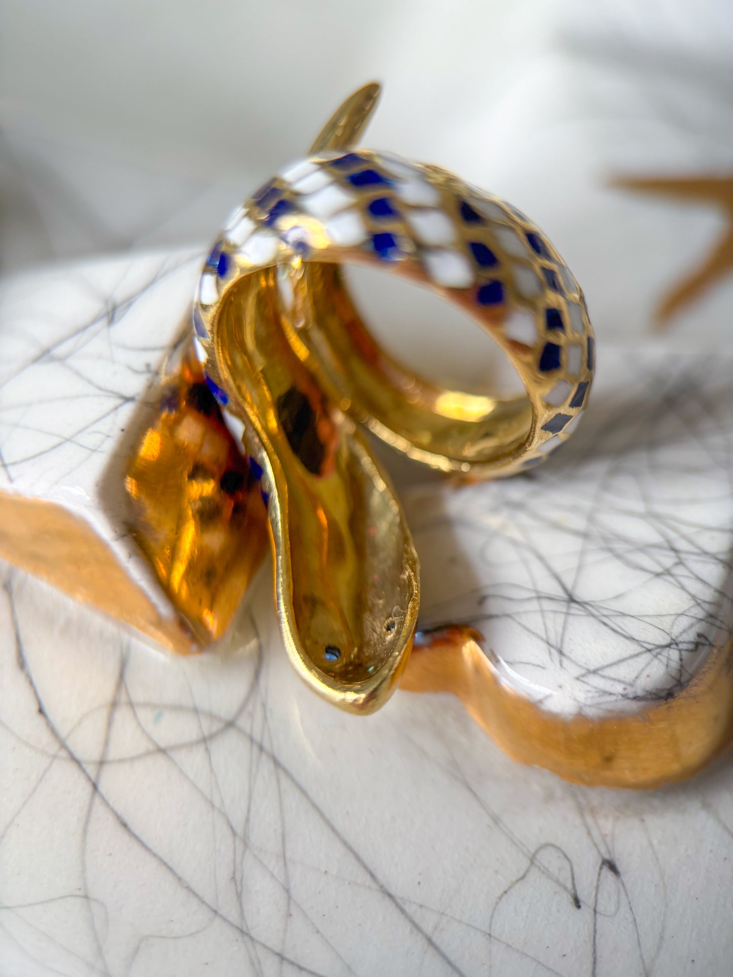 Vintage Enamel and Natural Sapphire 18k Yellow Gold Snake Ring, Size 3 1/4, circa 1960s