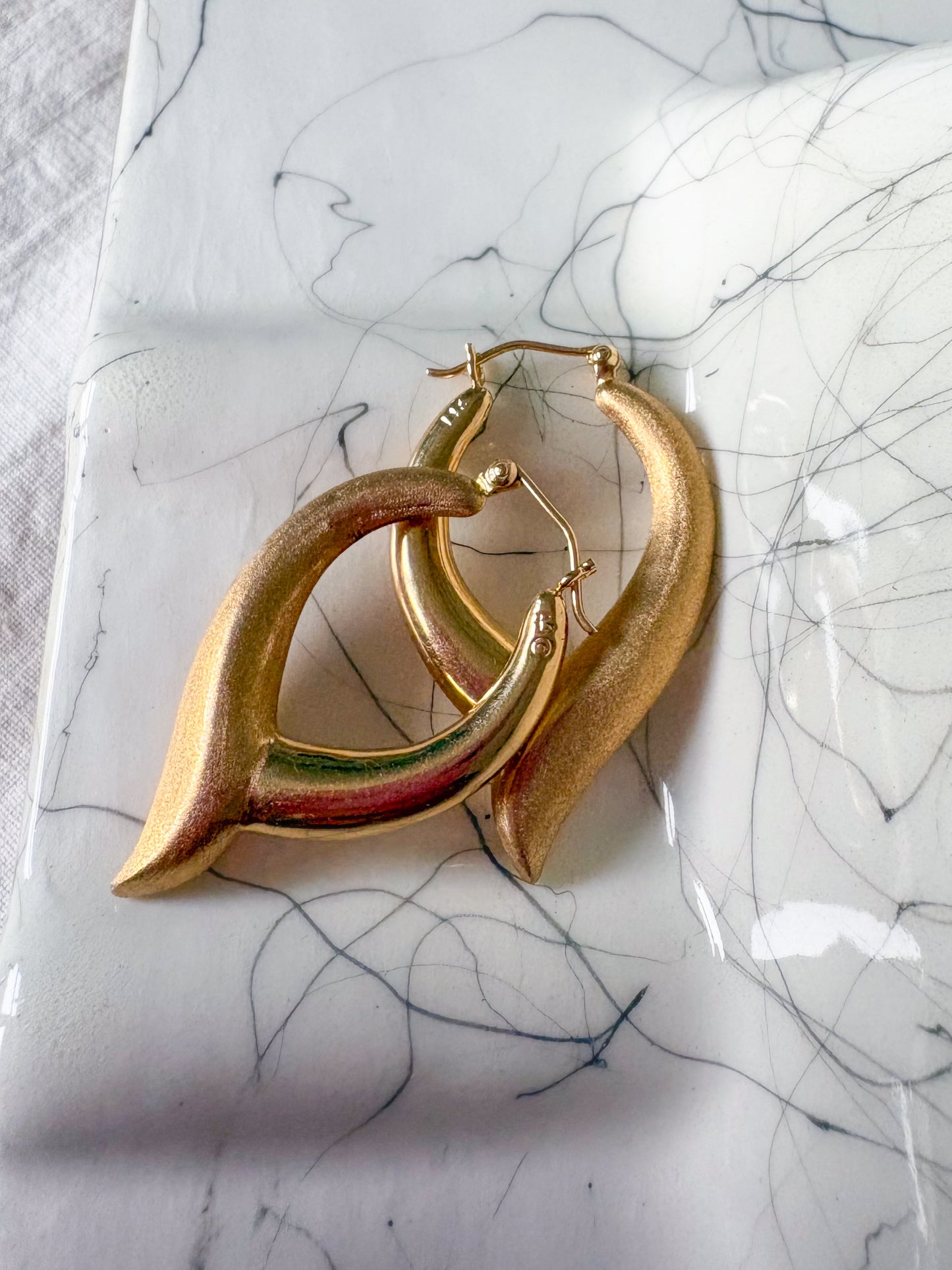 Vintage Matte Shiny 14k Yellow Gold Hoop Earrings