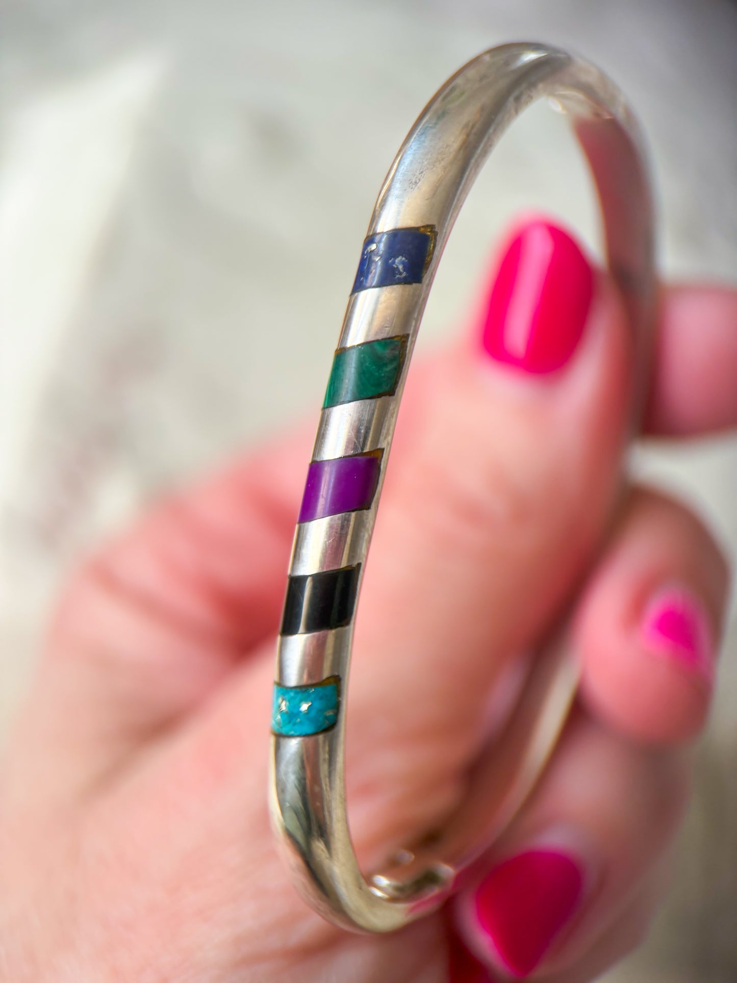 Vintage Taxco Sterling Silver Oval Bangle with Multicolored Gemstone Inlay, circa 1970s