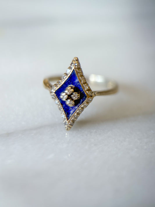 Vintage Enamel and Natural Diamond 10k White Gold Statement Ring