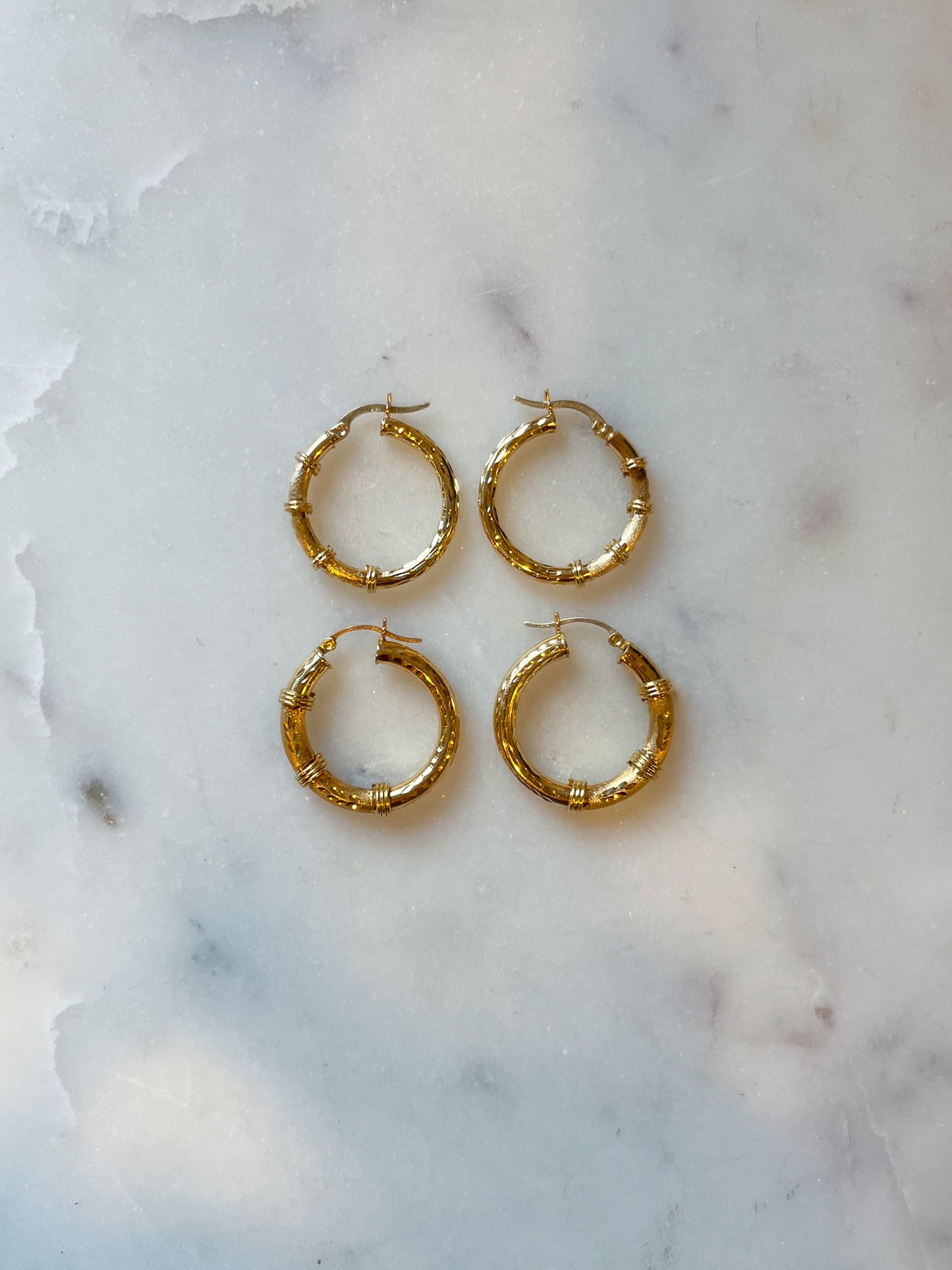 14k Yellow Gold Decorative Tube Hoop Earrings - Two sizes