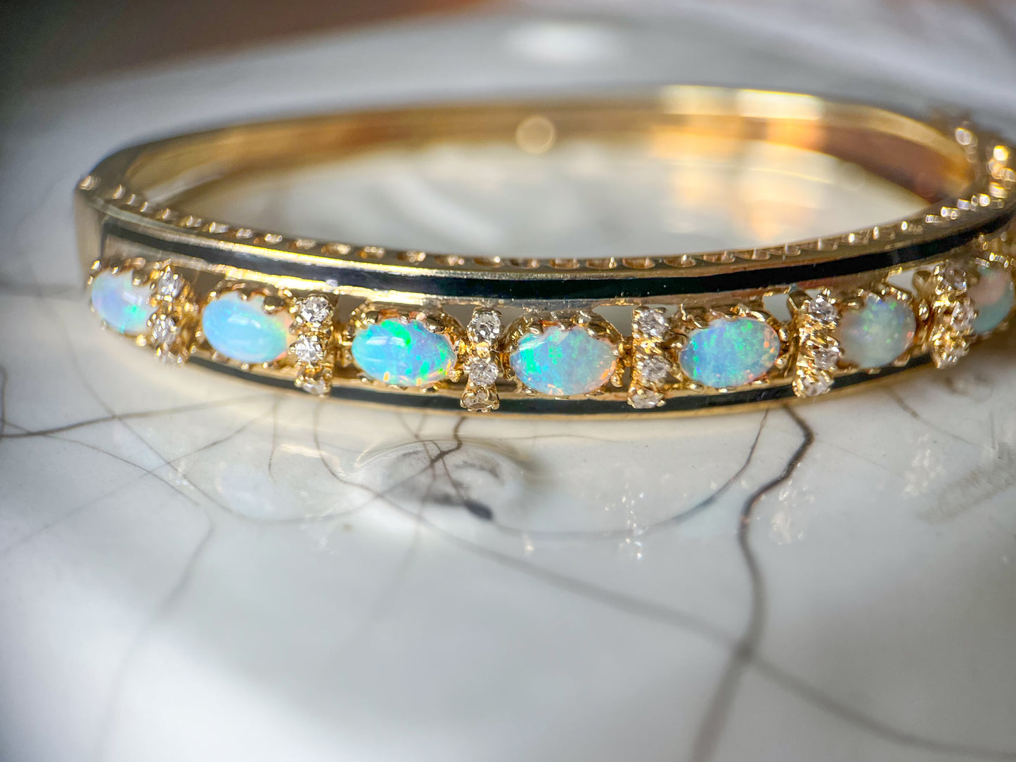Vintage Opal, Natural Diamond and Enamel 14k Yellow Gold Bangle