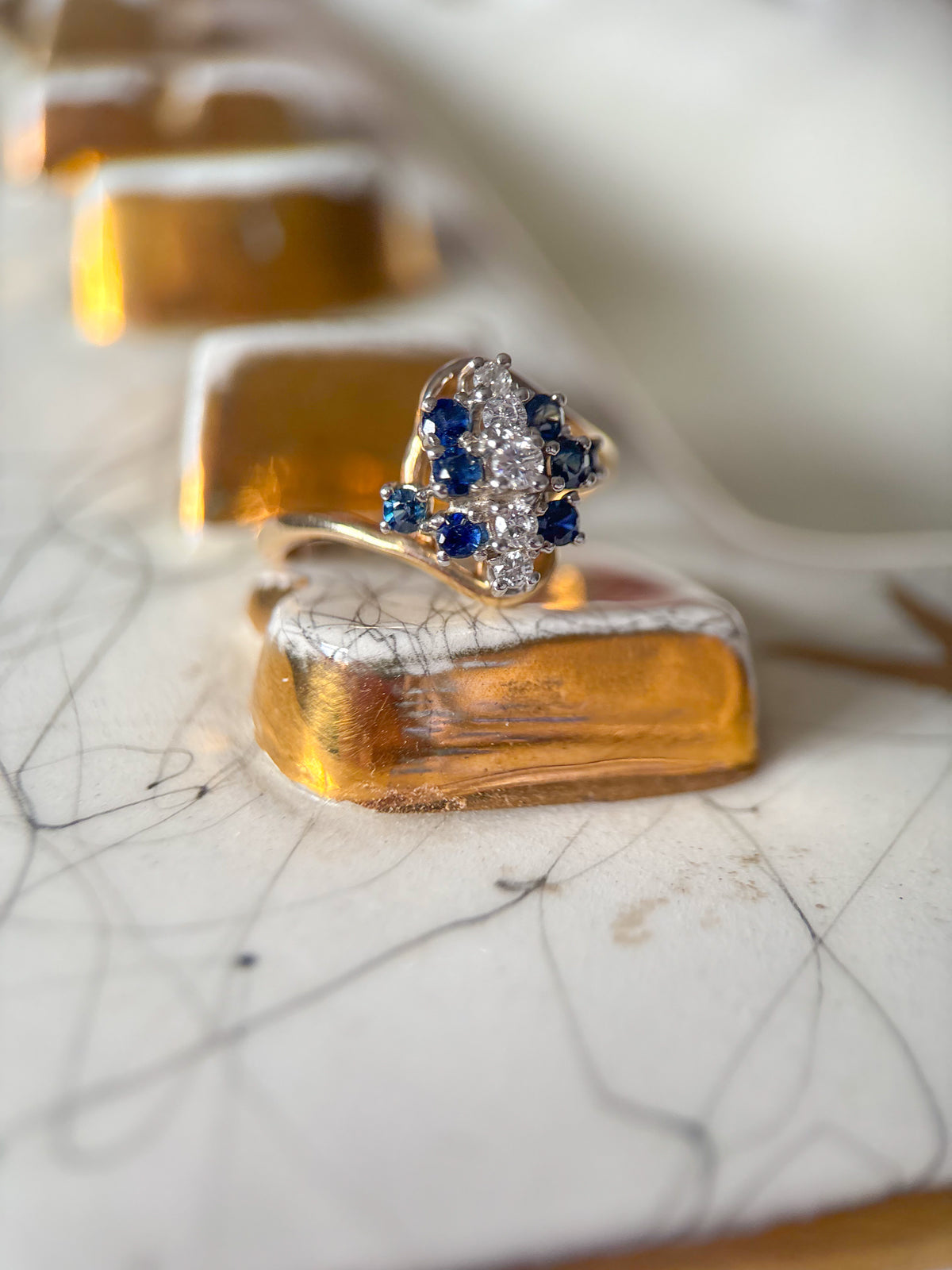 Vintage Natural Sapphire and Diamond Cluster 14k Yellow Gold Ring