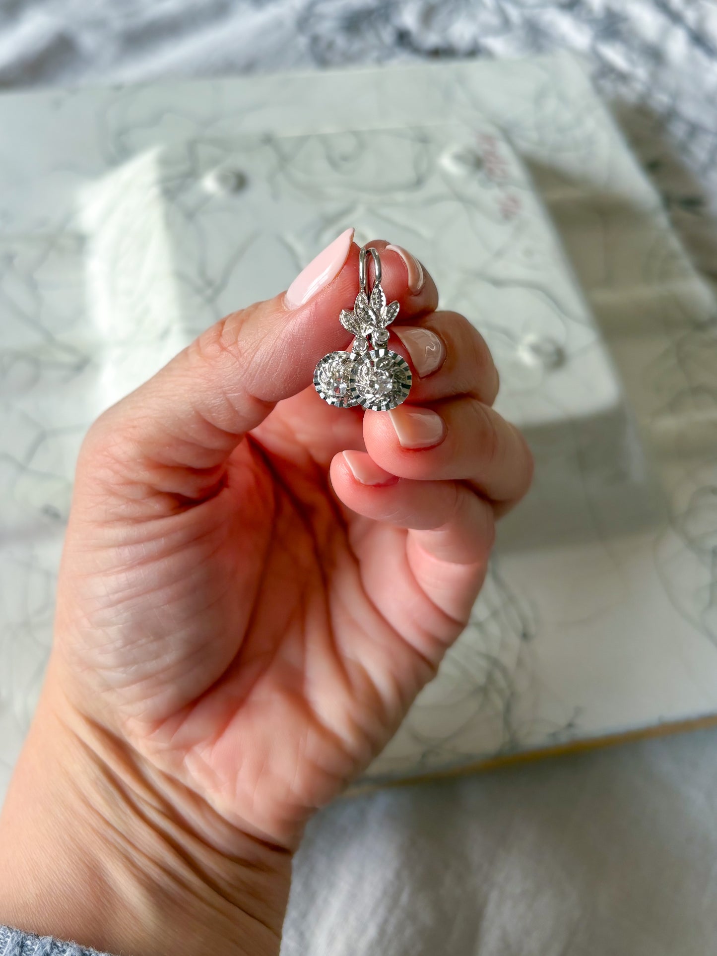 Vintage 18k White Gold Dangle Earrings with CZs