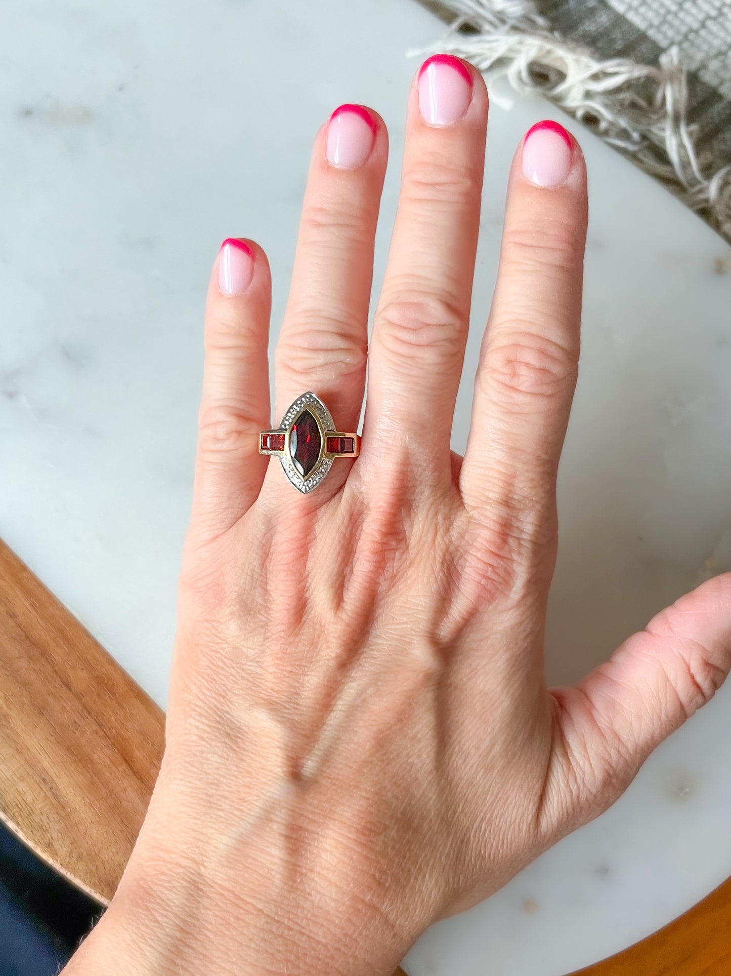 Vintage Natural Marquise Garnet and Diamond 10k Yellow Gold Ring