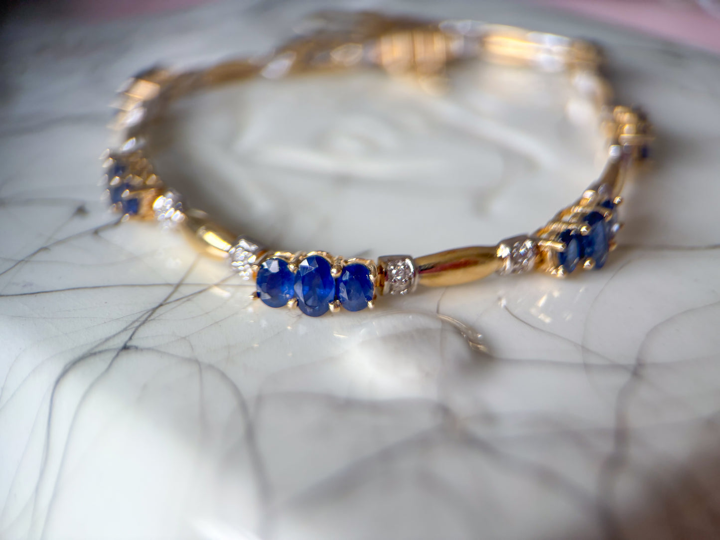 Vintage Natural Sapphire and Diamond 14k Yellow Gold Tennis Bracelet