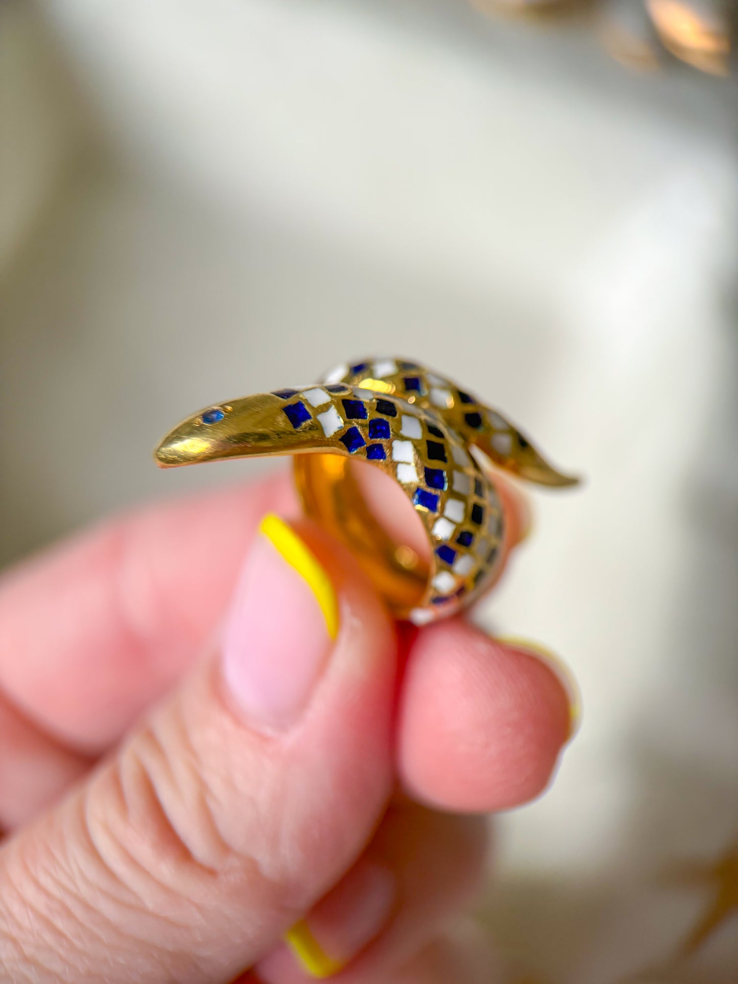 Vintage Enamel and Natural Sapphire 18k Yellow Gold Snake Ring, Size 3 1/4, circa 1960s