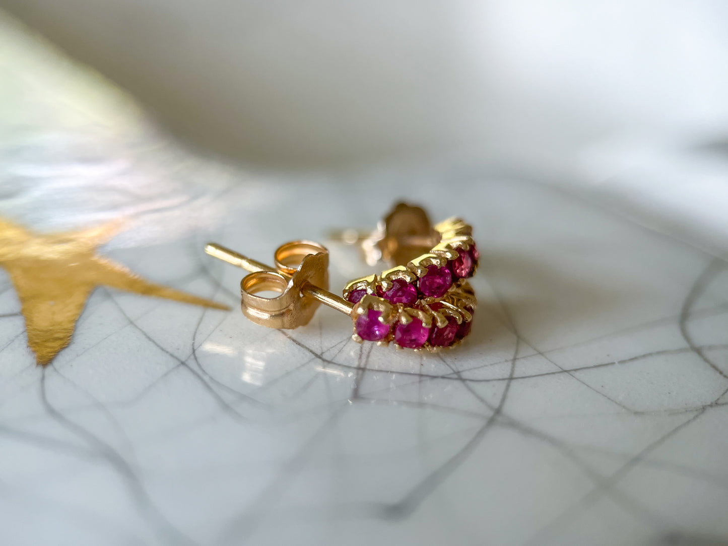 Vintage Half Hoop Natural Ruby 14k Yellow Gold Stud Earrings