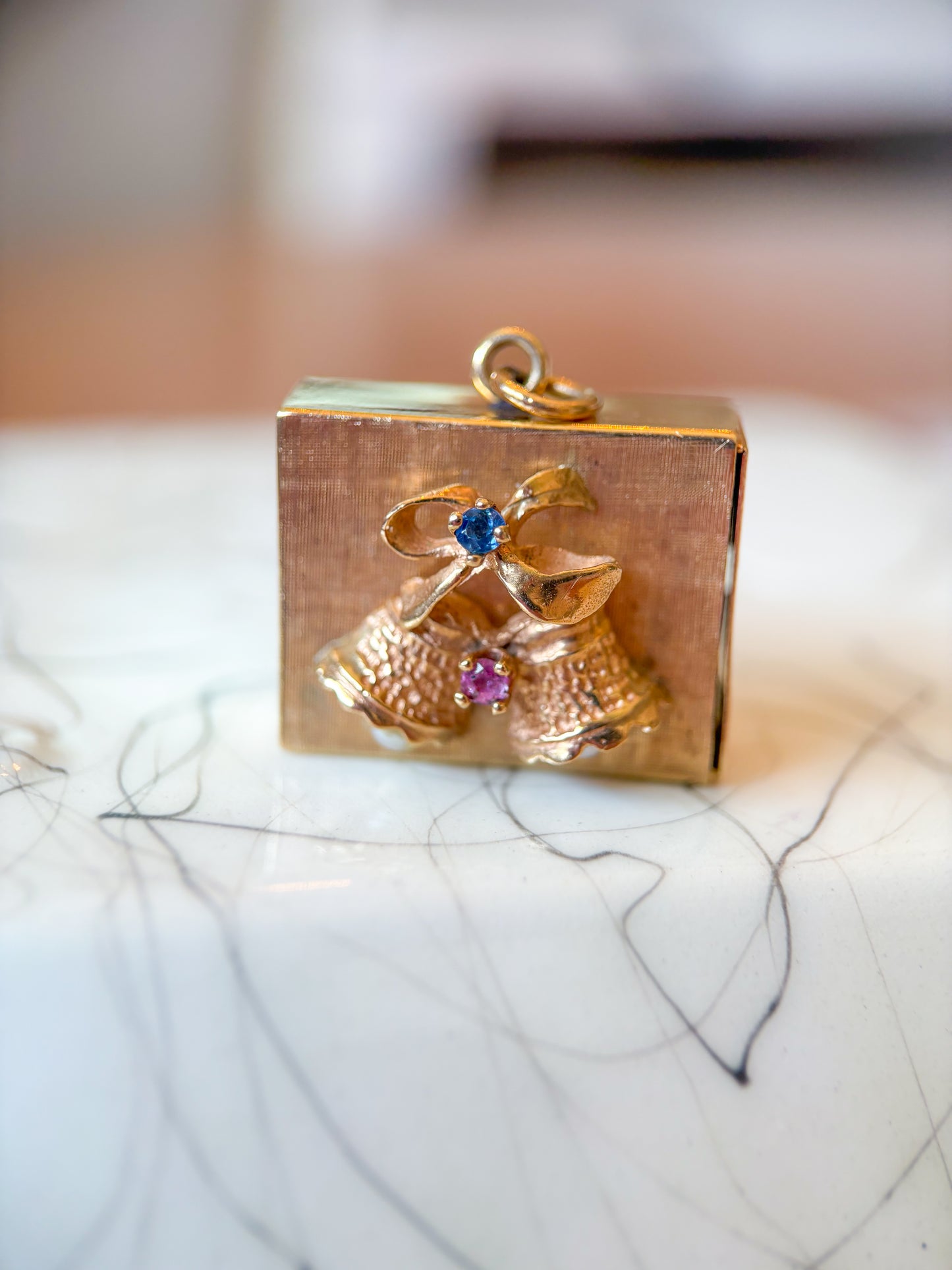 Vintage Music Box 14k Yellow Gold and Pearls Ruby and Sapphire, circa 1950s