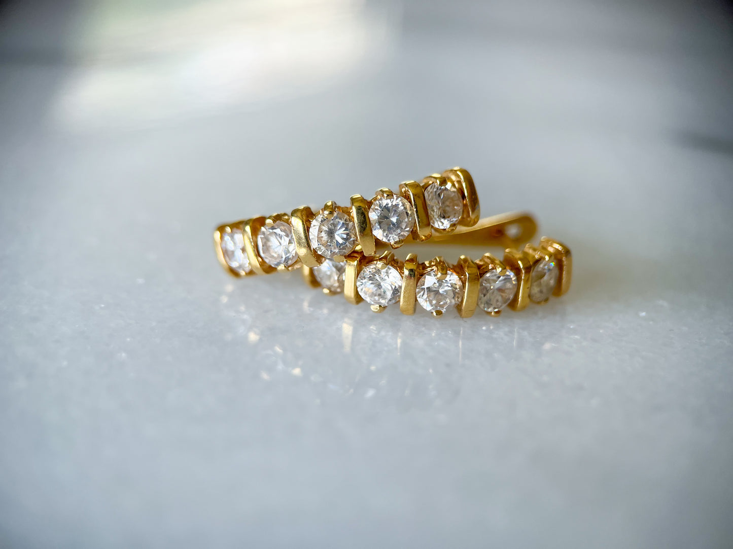 Vintage 14k Yellow Gold Half Hoops with CZ Earrings