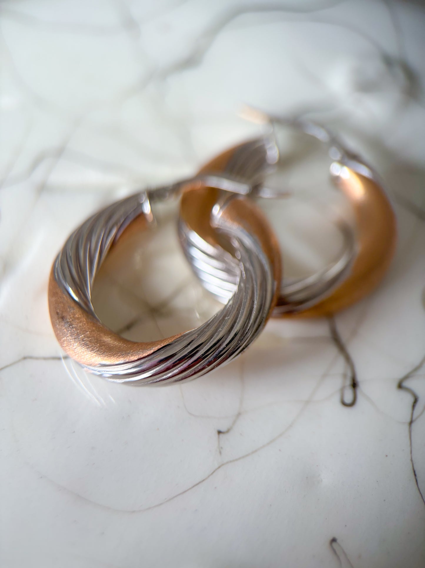 Vintage Two Toned Tube 14k Yellow and White Gold Hoop Earrings