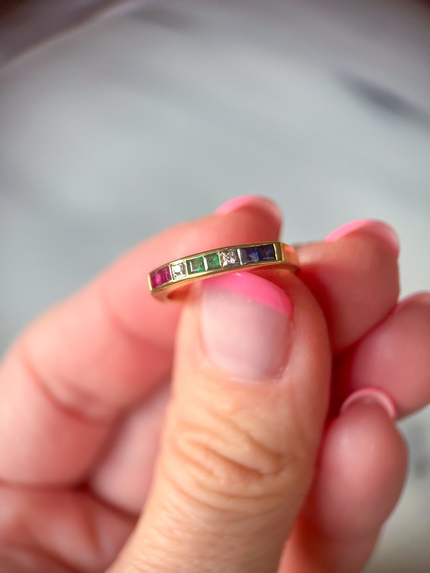 Vintage Natural Diamond, Ruby, Emerald and Sapphire 14k Yellow Gold Ring