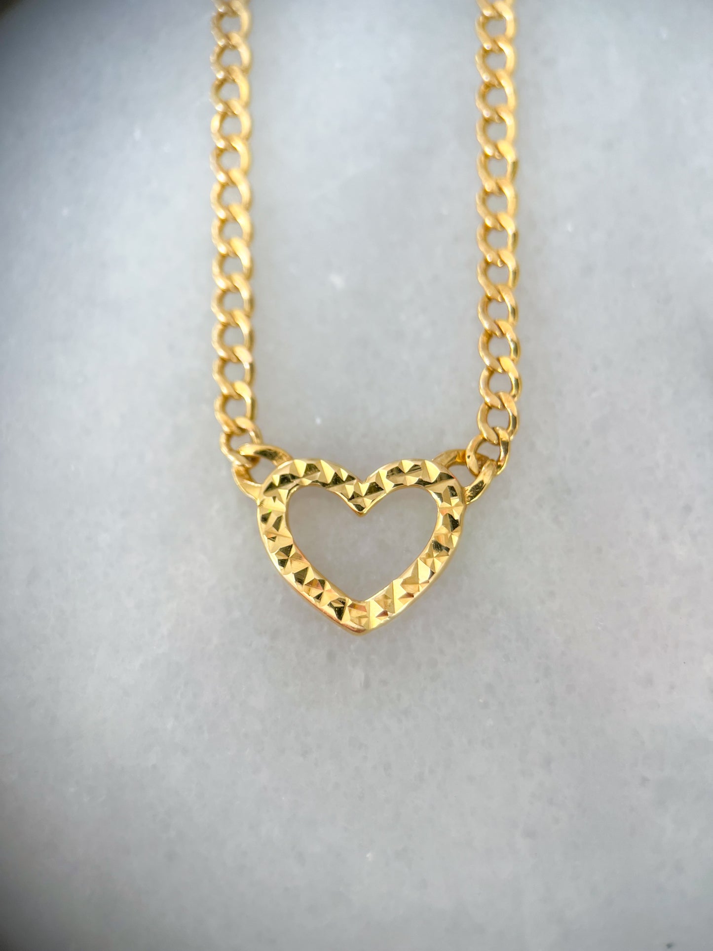 Vintage Open Heart Charm on Chain 10k Yellow Gold Necklace