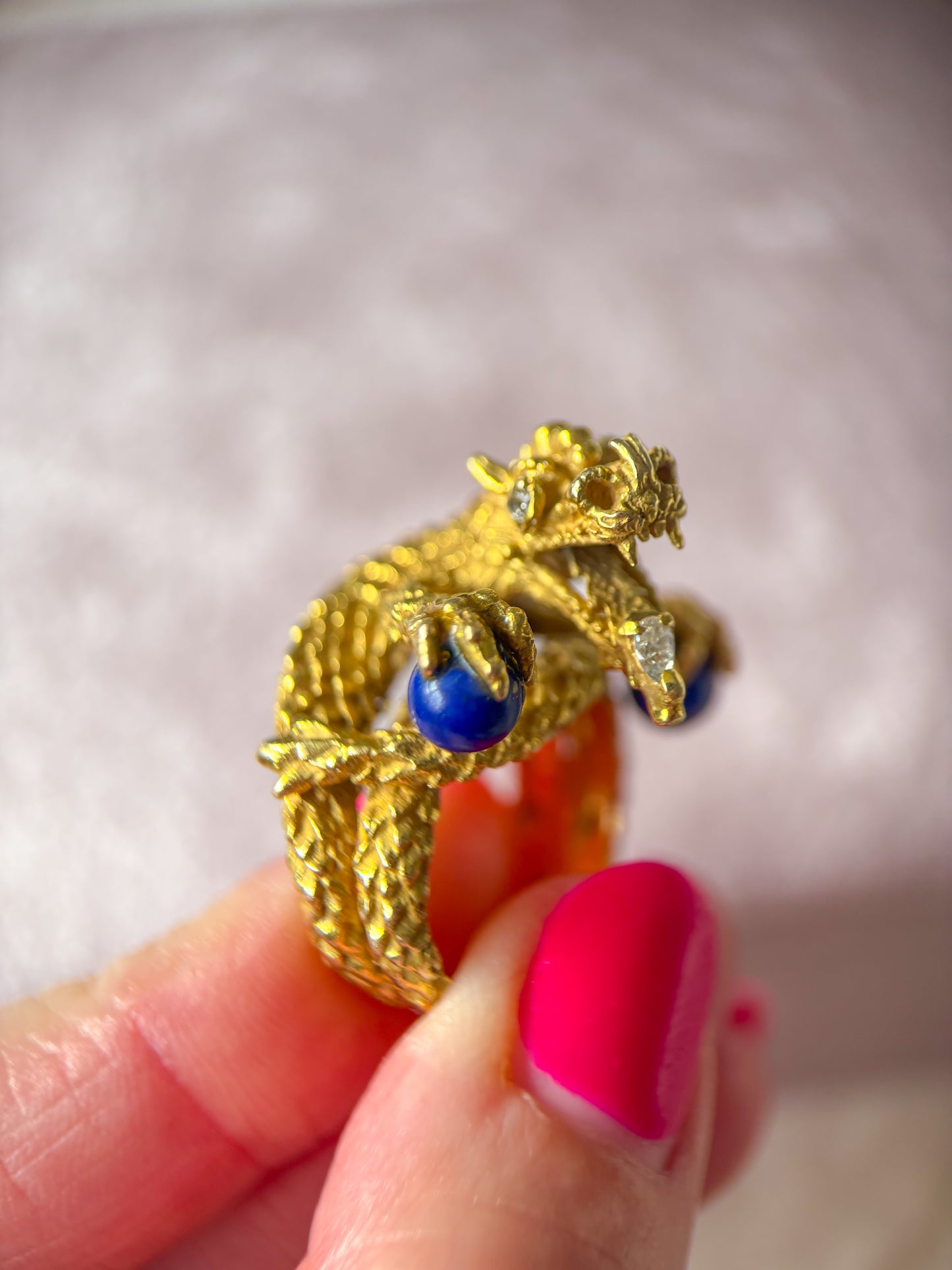 Vintage Mother of Dragons Ring with Natural Diamonds and Lapis Lazuli 18k Yellow Gold Statement Ring