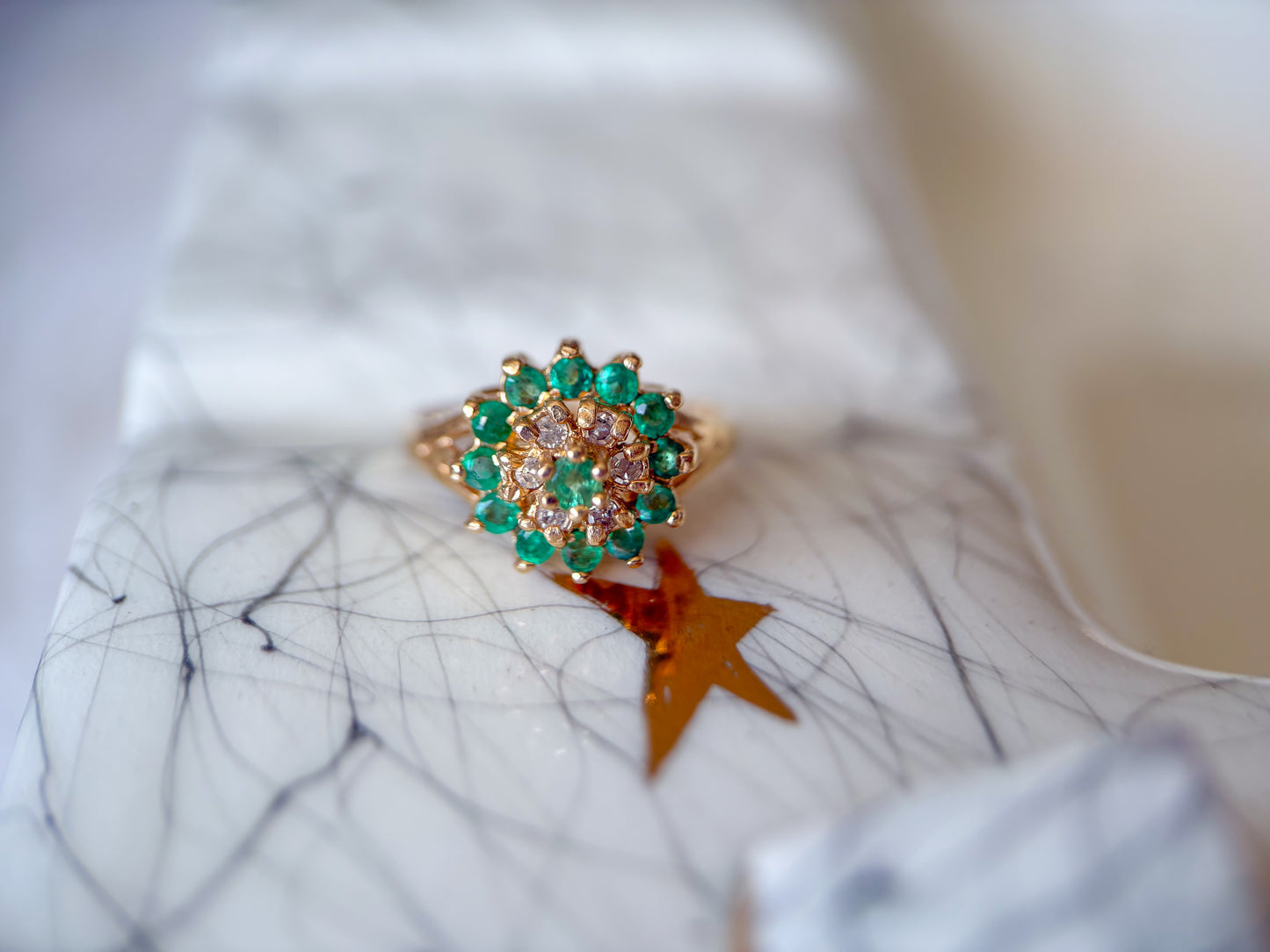 Vintage Natural Emerald and Diamond Cluster 14k Yellow Gold Ring