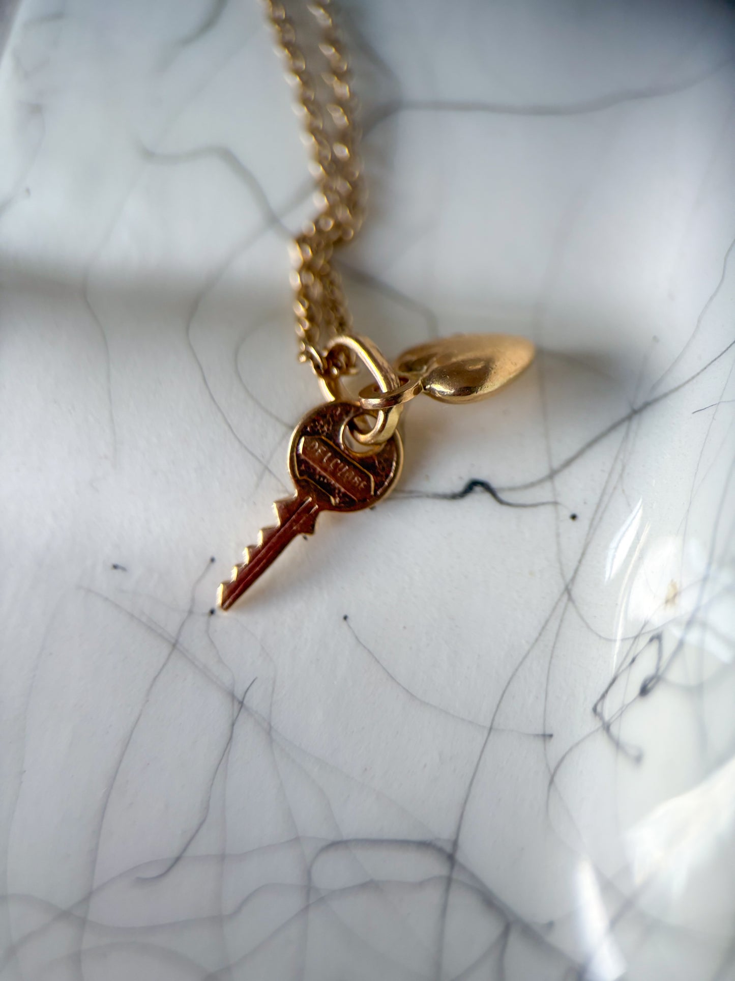 Vintage Mini Puffy Heart and Key 14k Yellow Gold Charm