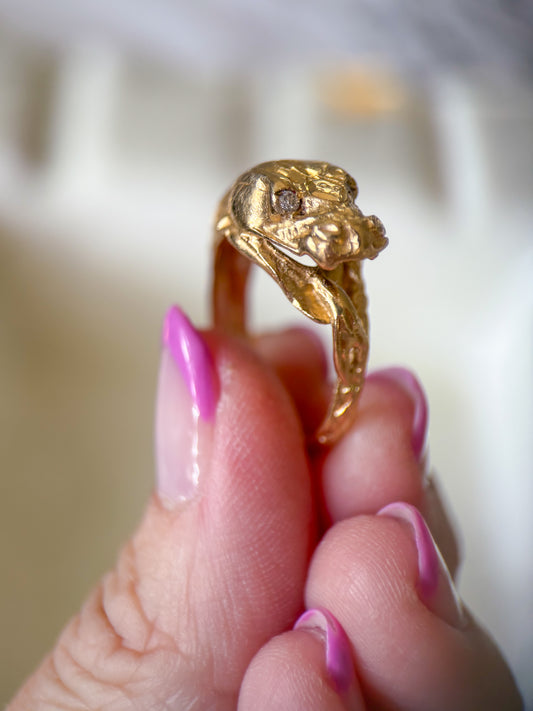 Vintage Snake with Natural Diamond Eyes 14k Yellow Gold Ring