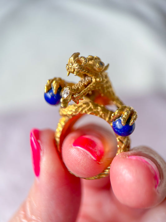 Vintage Mother of Dragons Ring with Natural Diamonds and Lapis Lazuli 18k Yellow Gold Statement Ring