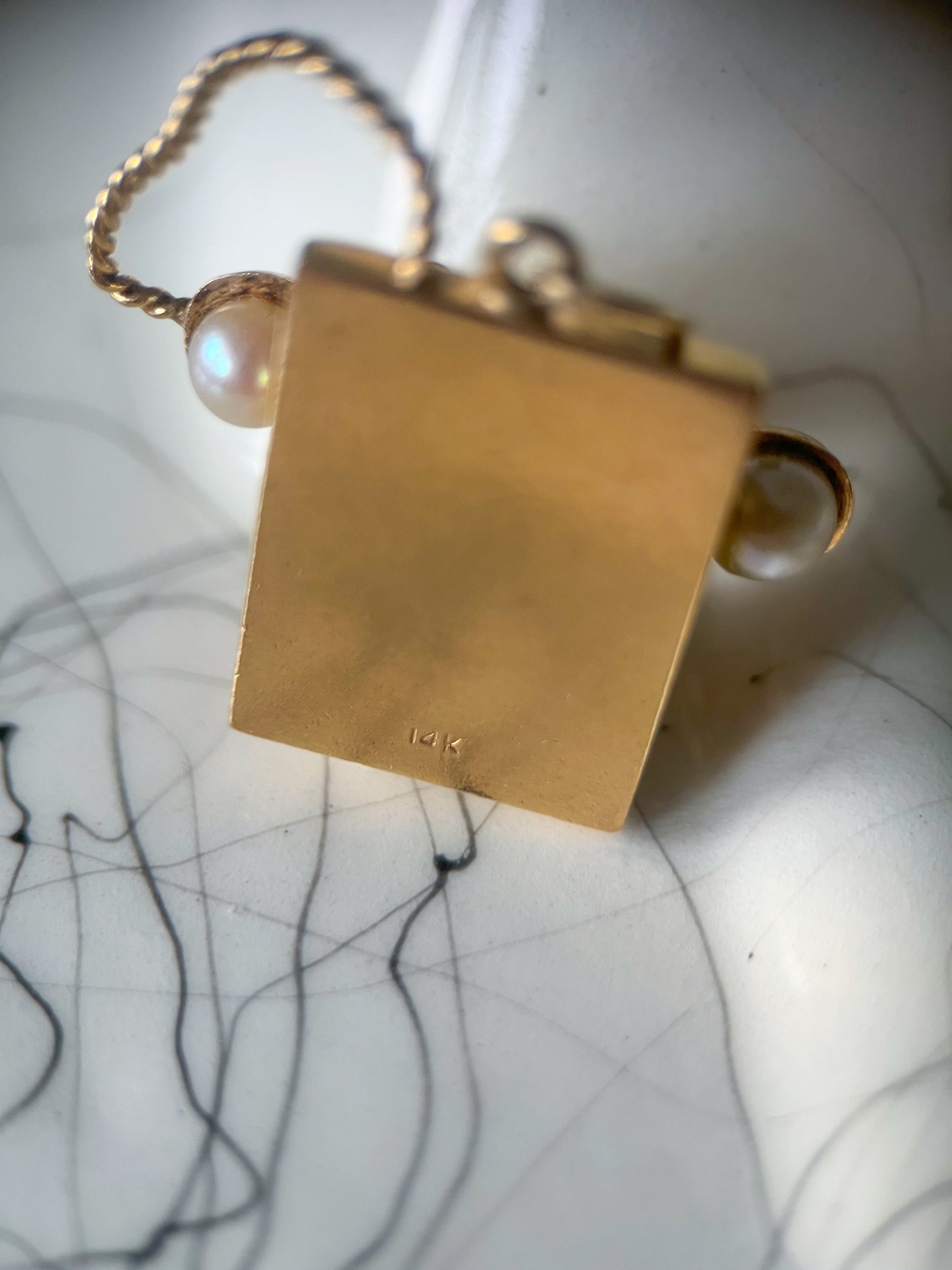 Vintage Telephone with Gemstones and Pearls 14k Yellow Gold Charm, circa 1950s