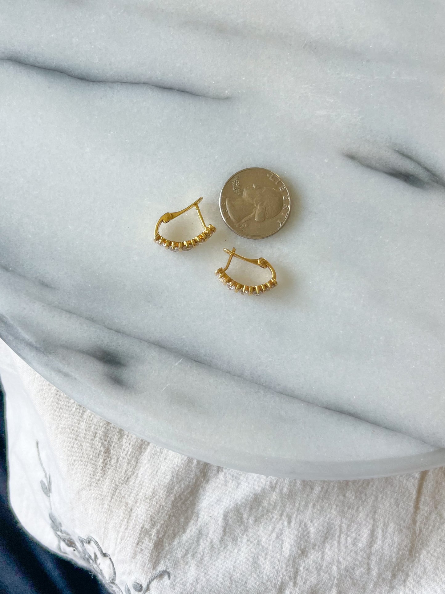 Vintage 14k Yellow Gold Half Hoops with CZ Earrings