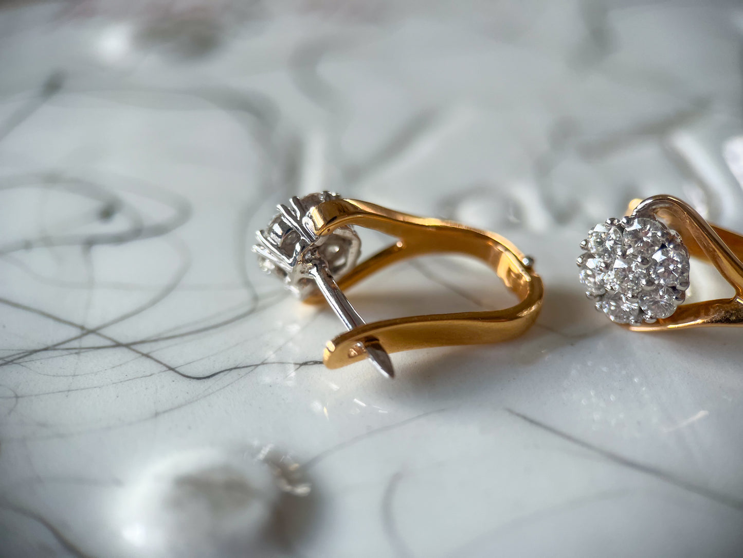 Natural Diamond Flower 18k Yellow Gold Drop Earrings