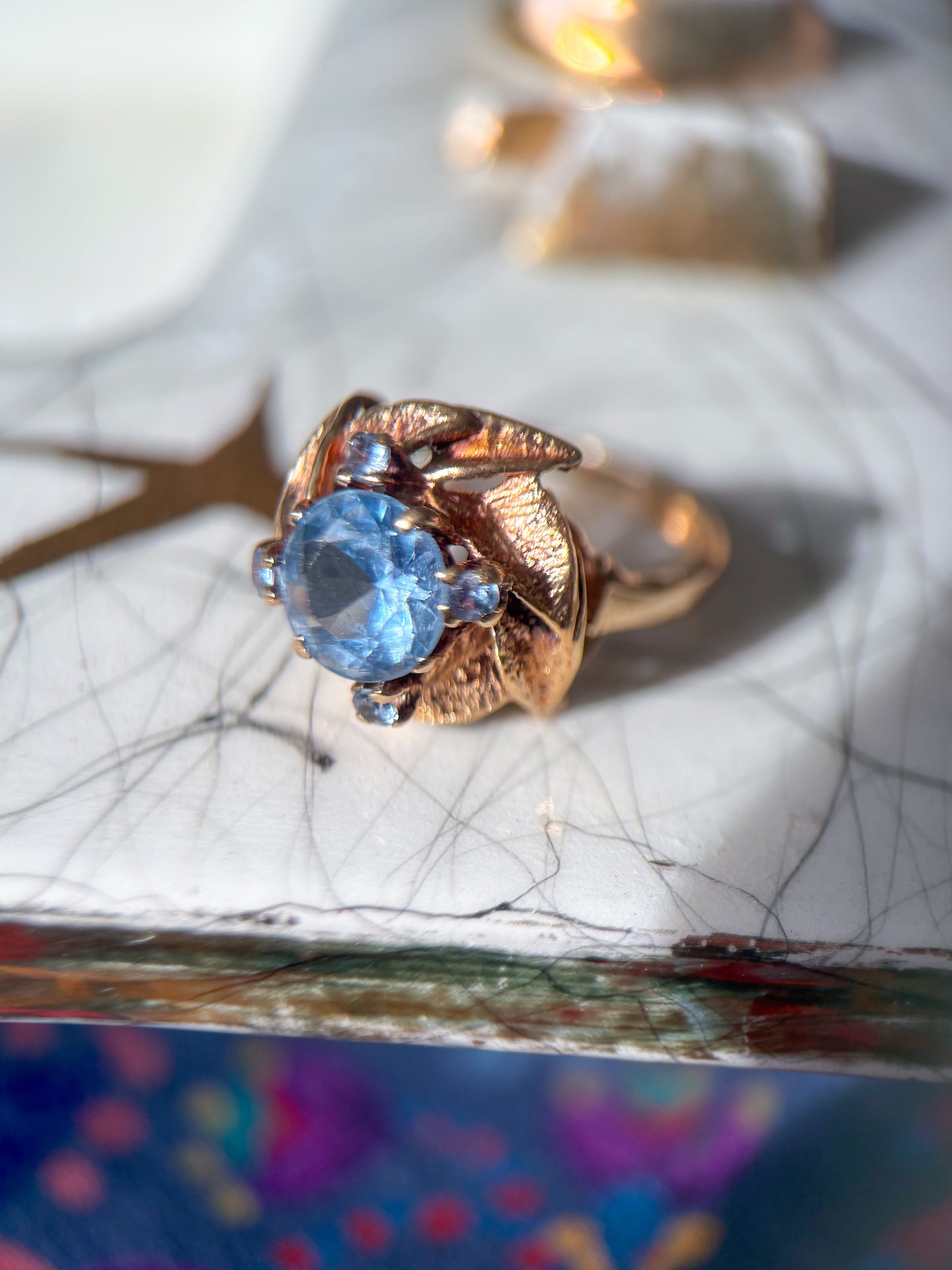 Vintage Natural Aquamarine Rose 14k Yellow Gold Ring