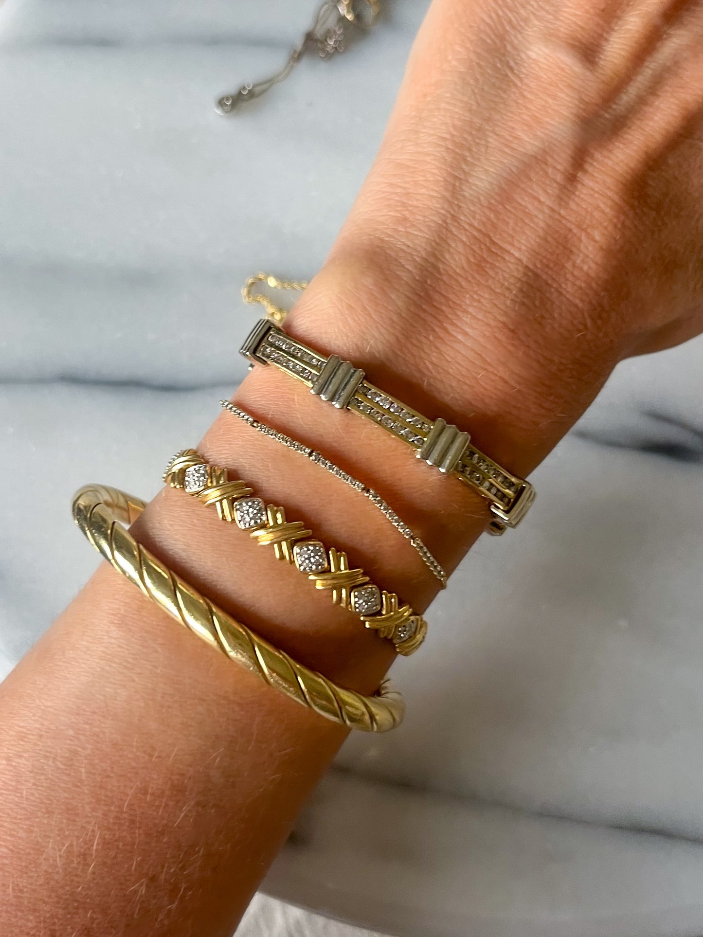 Vintage Chunky Natural Diamond Two Toned 14k White and Yellow Gold 7 Inch Bracelet