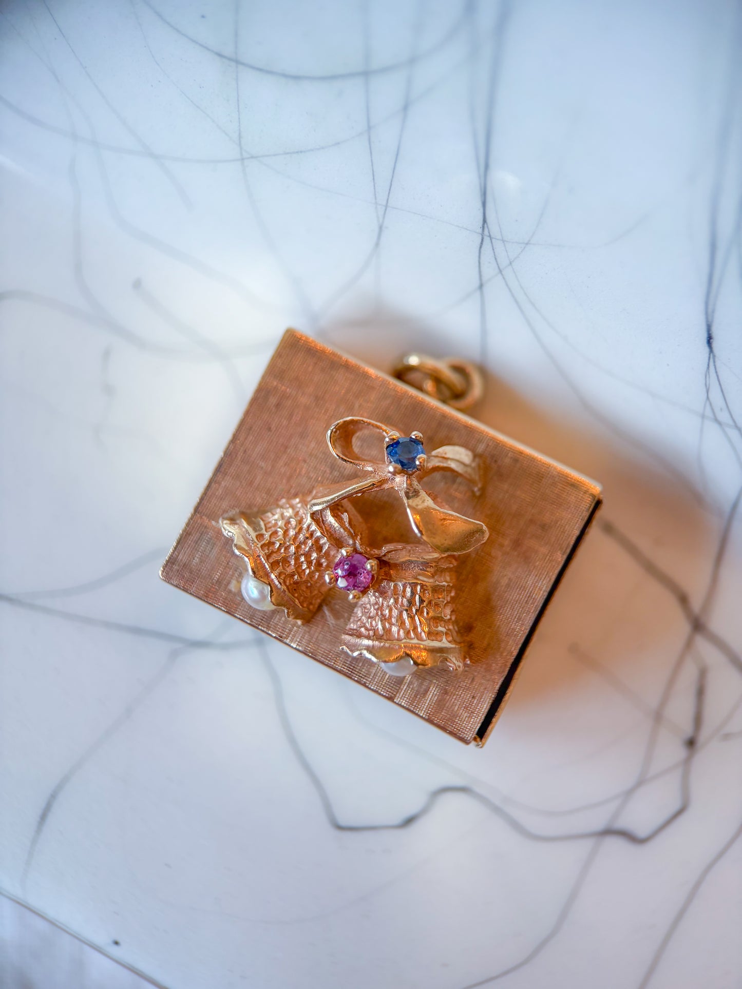 Vintage Music Box 14k Yellow Gold and Pearls Ruby and Sapphire, circa 1950s