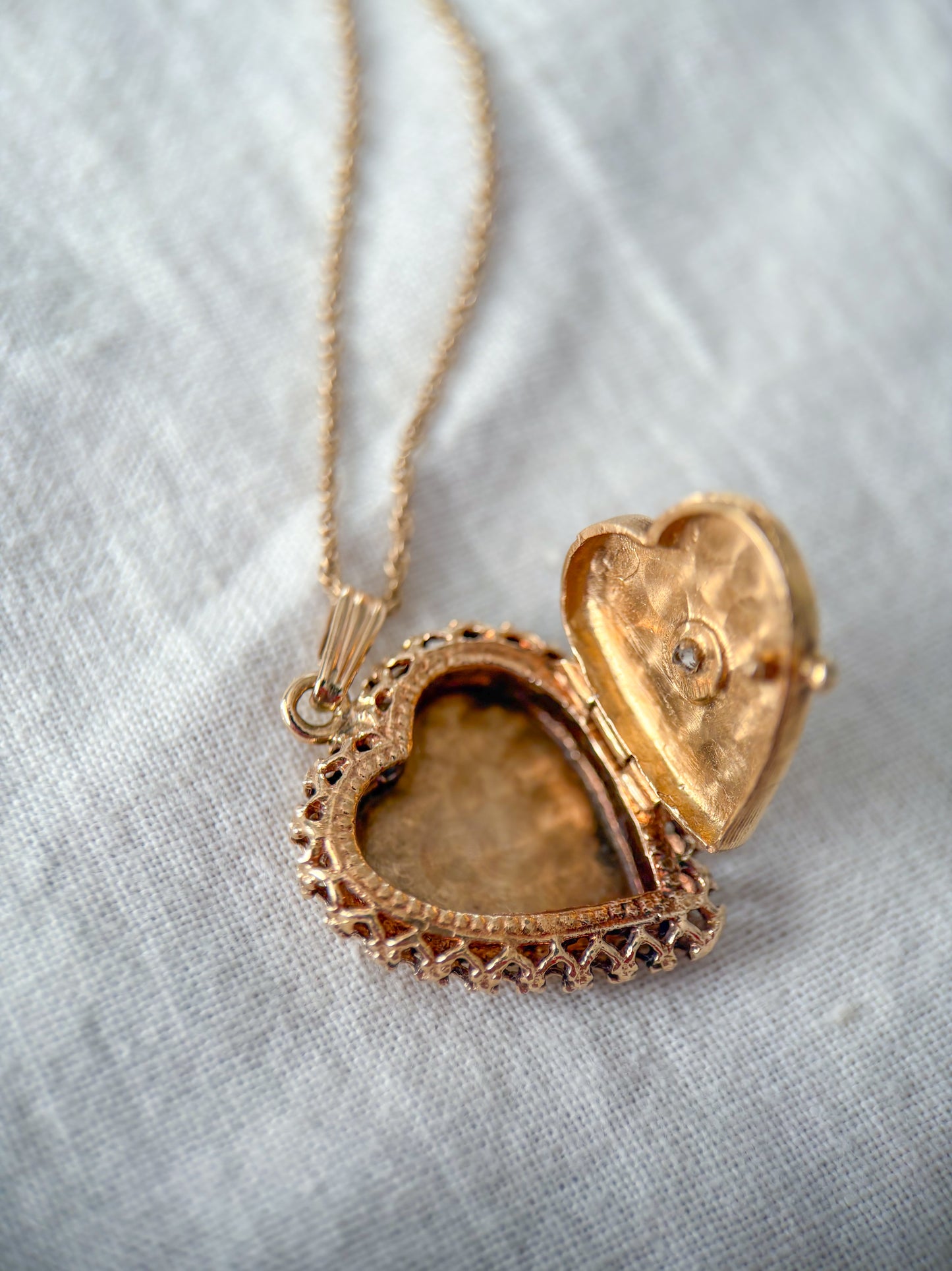 Vintage Heart Locket with Natural Diamond 14k Yellow Gold Charm