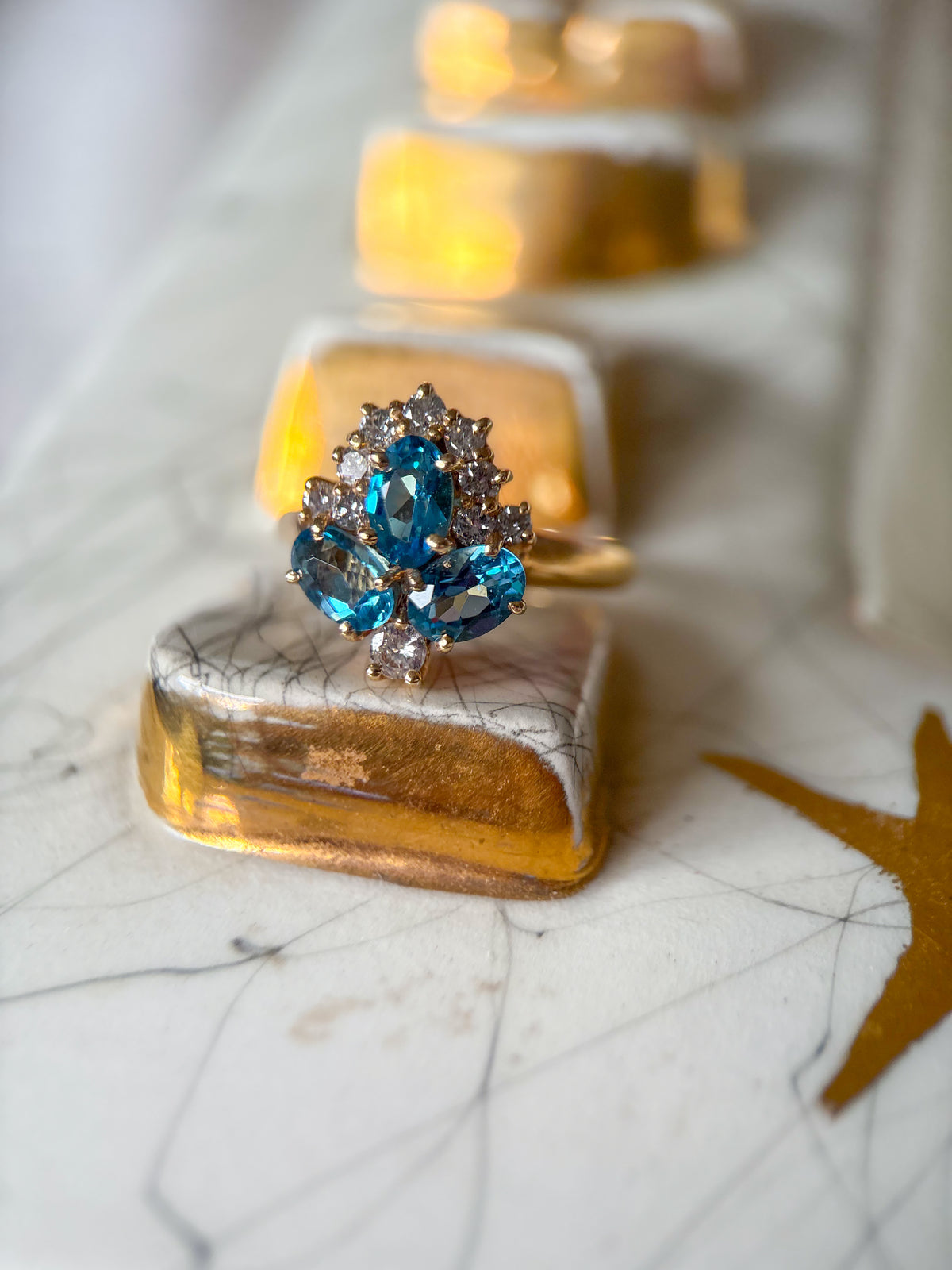 Vintage Natural Blue Topaz and Natural Diamond 14k Yellow Gold Ring