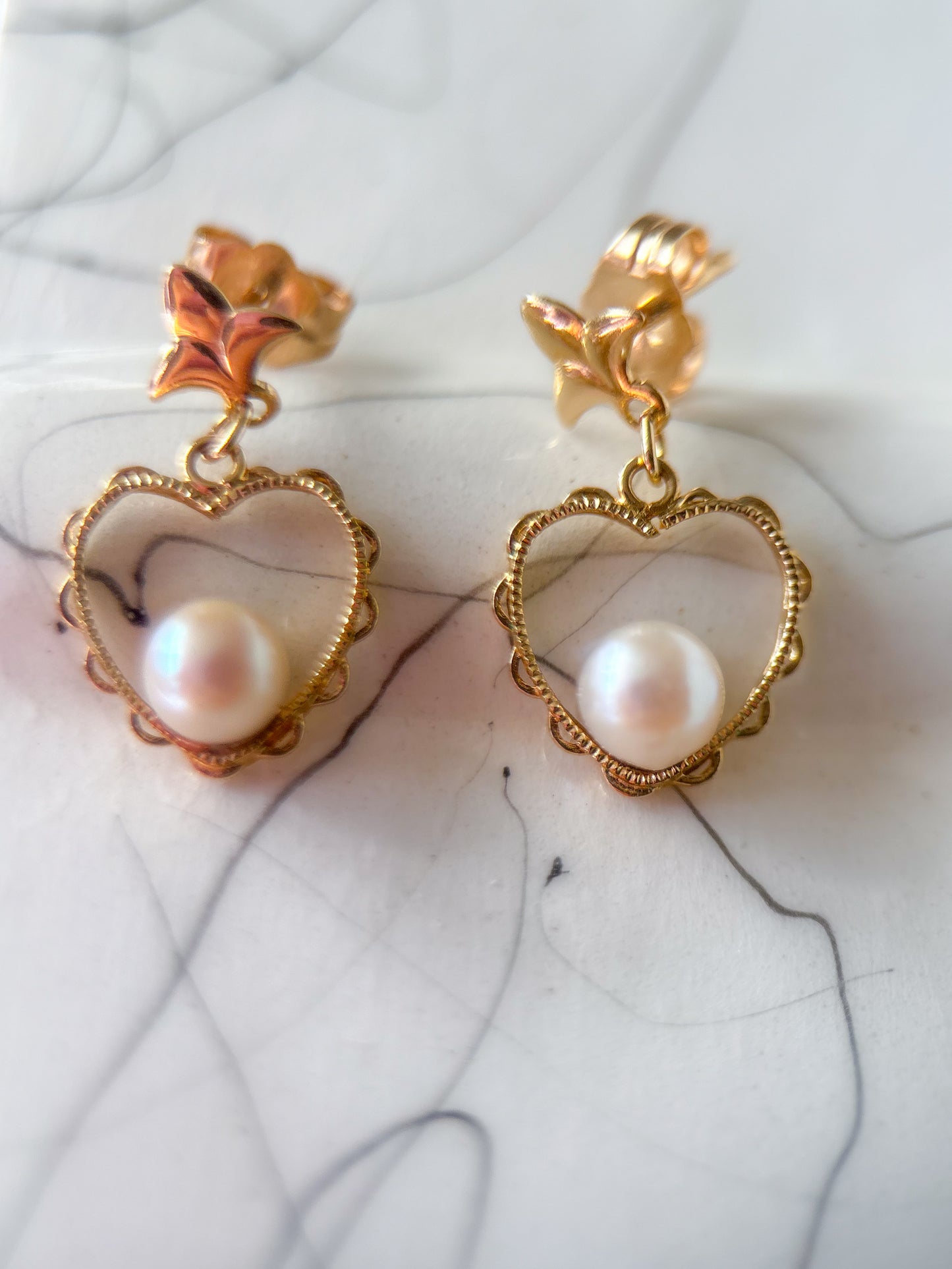 Vintage Heart and Pearl 14k Yellow Gold Drop Earrings