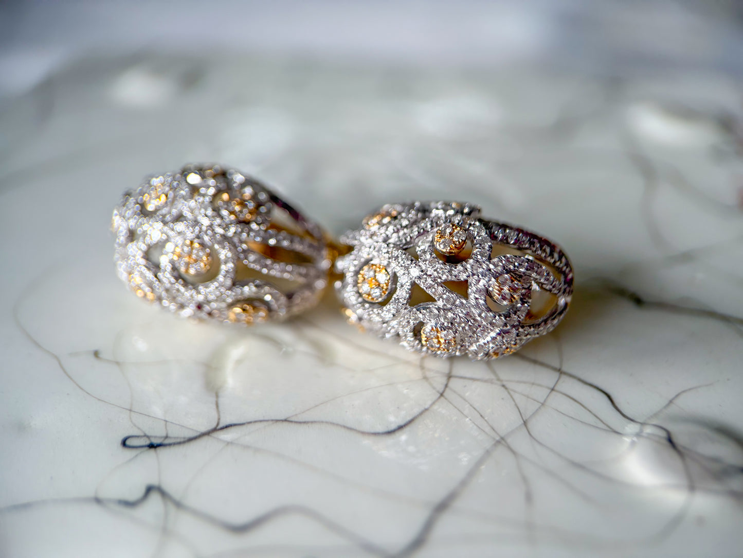 Natural Diamond Puffy Hoop 14k Yellow and White Gold Earrings