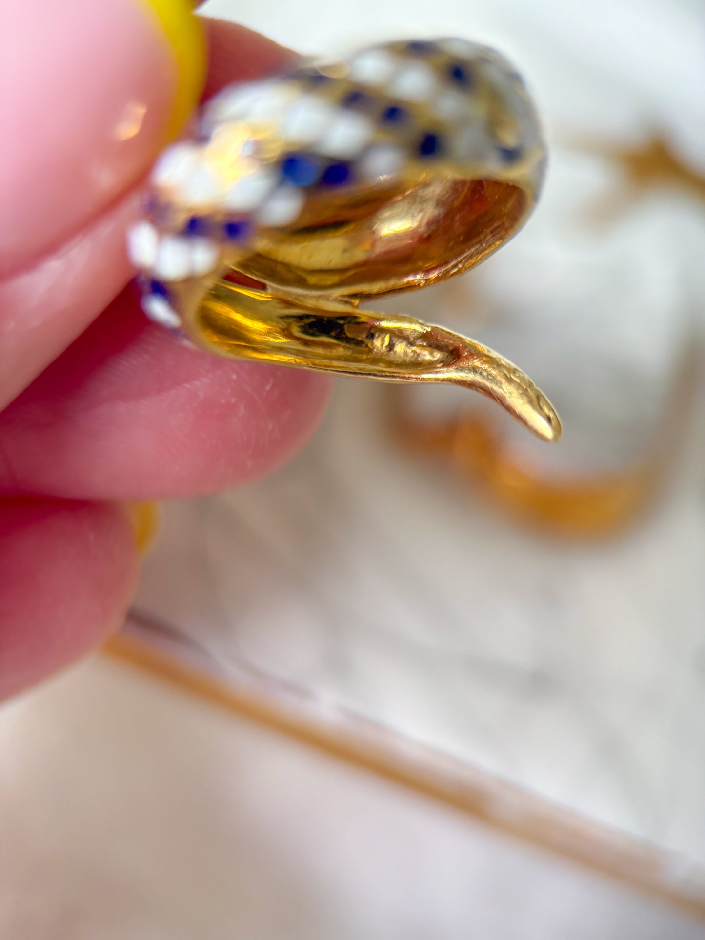 Vintage Enamel and Natural Sapphire 18k Yellow Gold Snake Ring, Size 3 1/4, circa 1960s