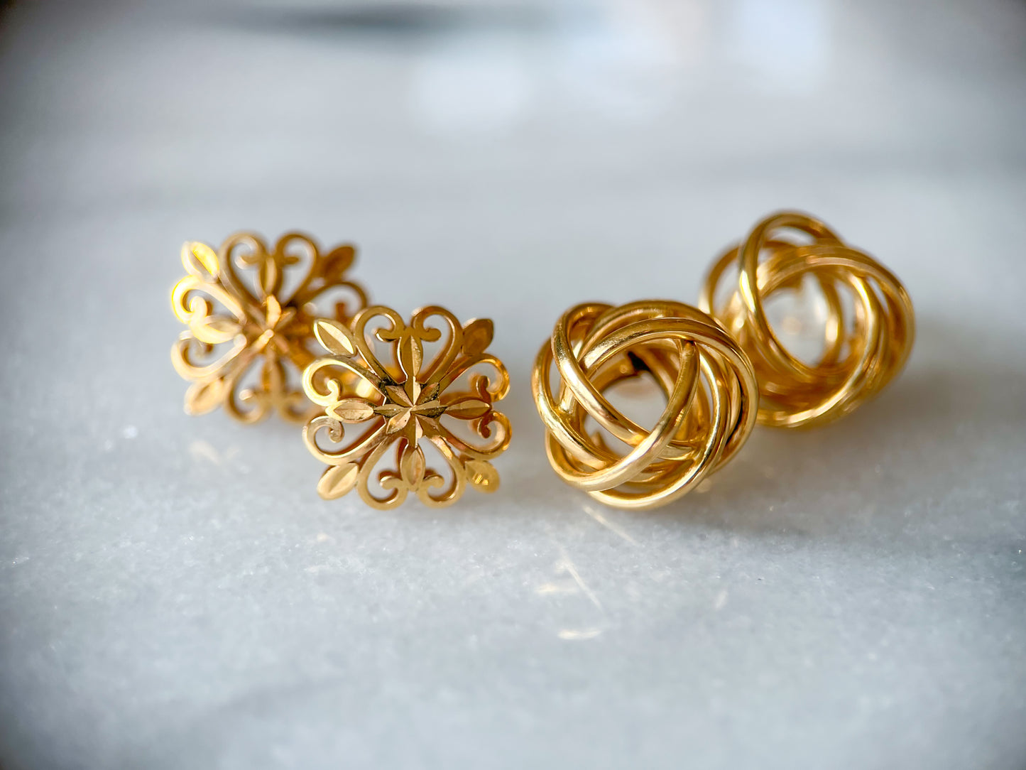 Vintage Square Floral 14k Yellow Gold Stud Earrings