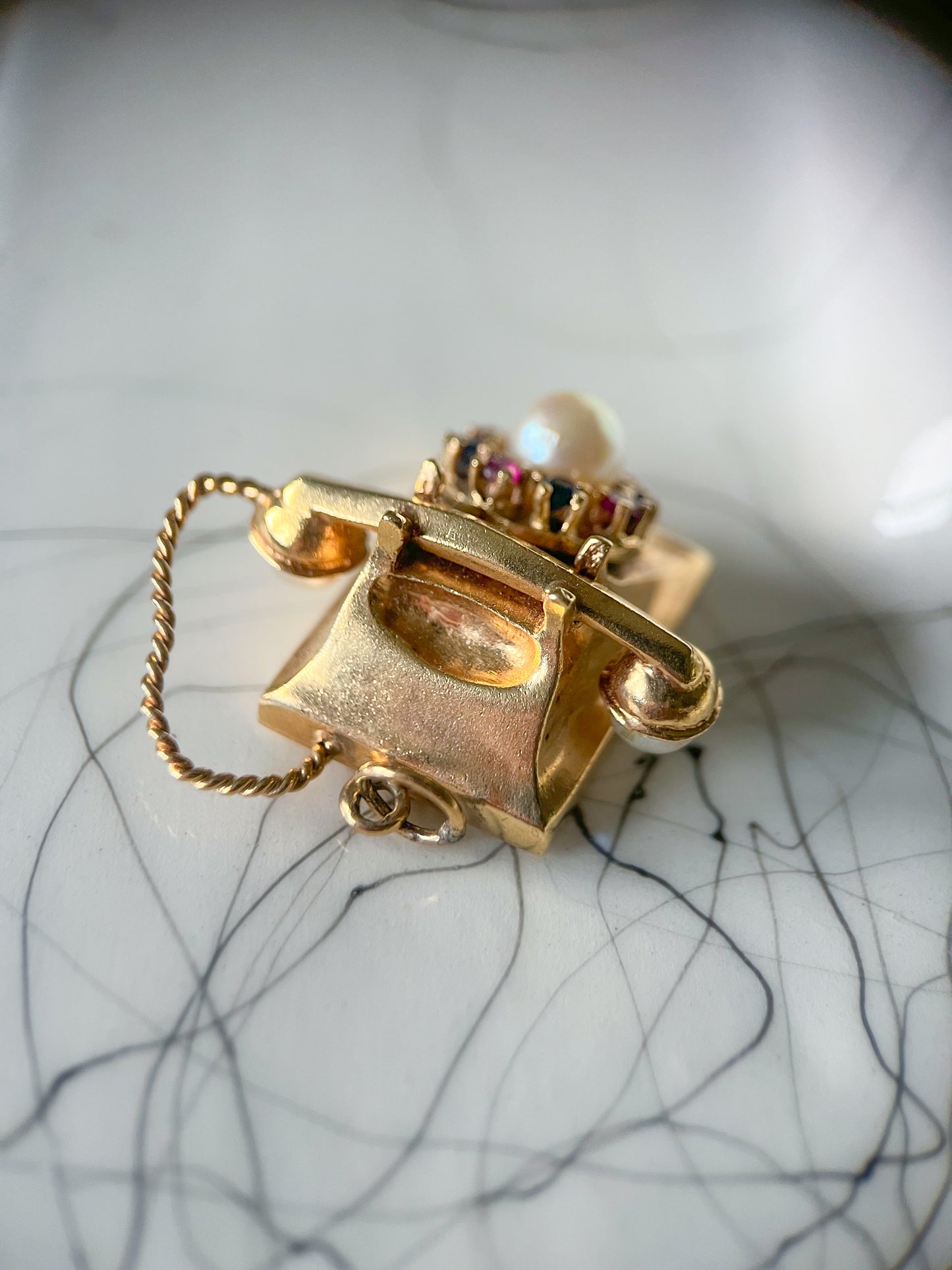 Vintage Telephone with Gemstones and Pearls 14k Yellow Gold Charm, circa 1950s