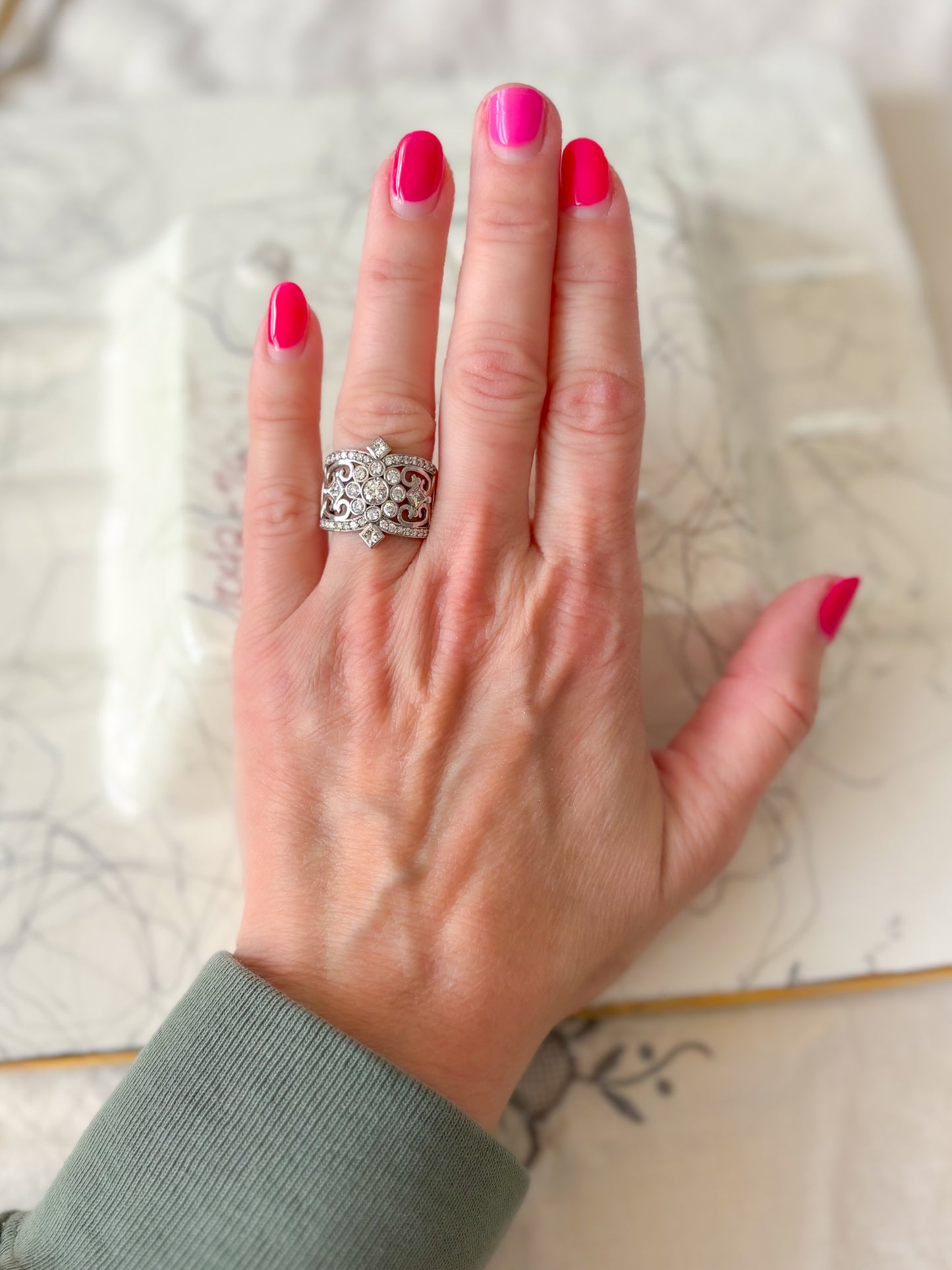 Vintage Natural Diamond 14k White Gold Statement Ring