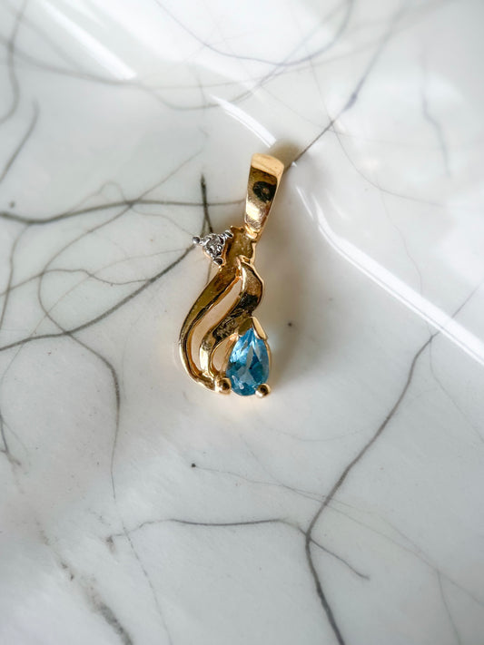 Vintage Pear Shaped Topaz with Natural Diamond 14k Yellow Gold