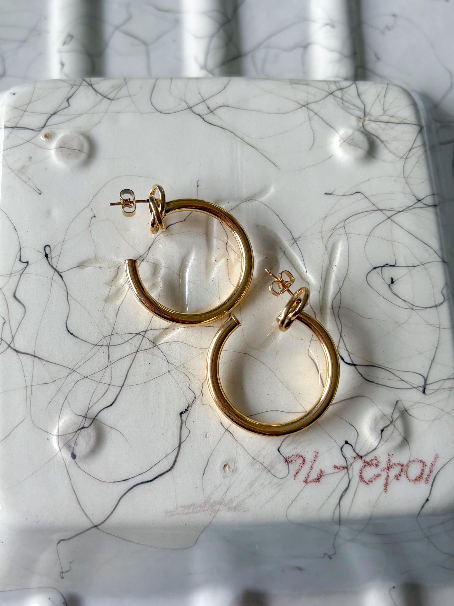 Vintage Large Tube with Knot 14k Yellow Gold Hoop Earrings