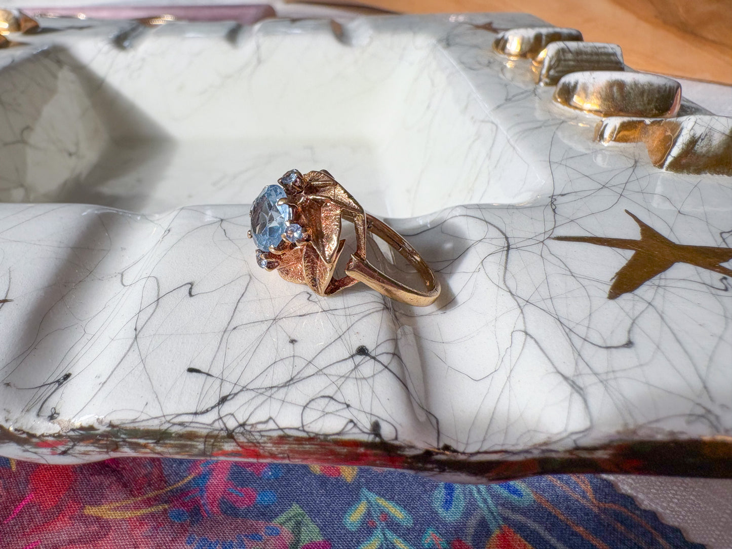 Vintage Natural Aquamarine Rose 14k Yellow Gold Ring