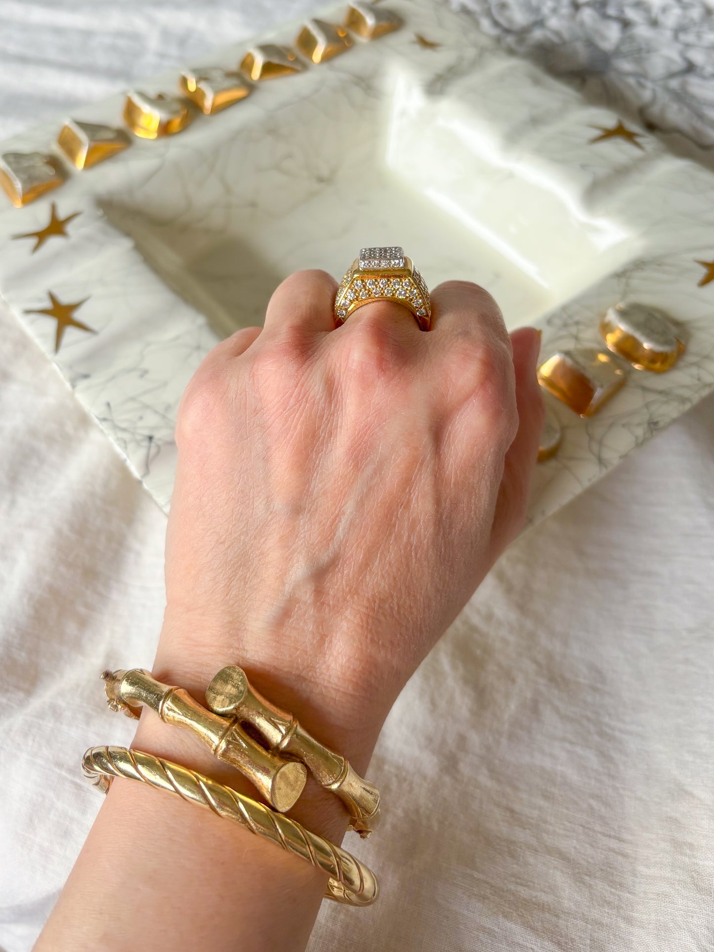 Vintage 18k Yellow Gold Natural Diamond Statement Ring, Circa 1960s