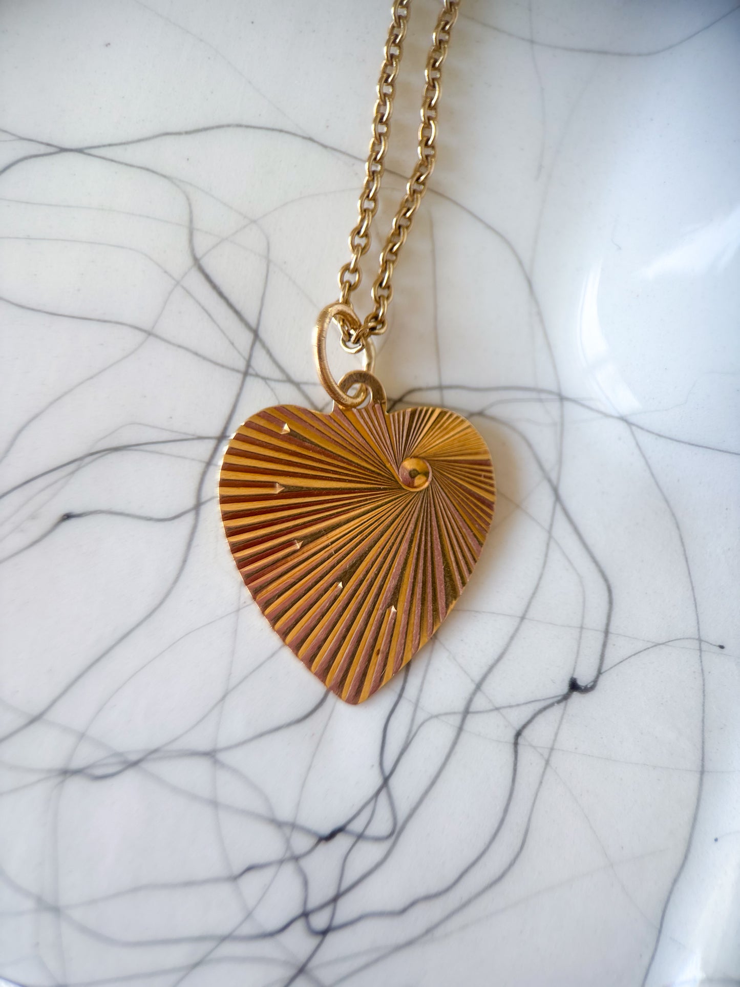 Vintage Engine Turned Heart 14k Yellow Gold Charm, Engraved: "I Am The Lord Thy God"