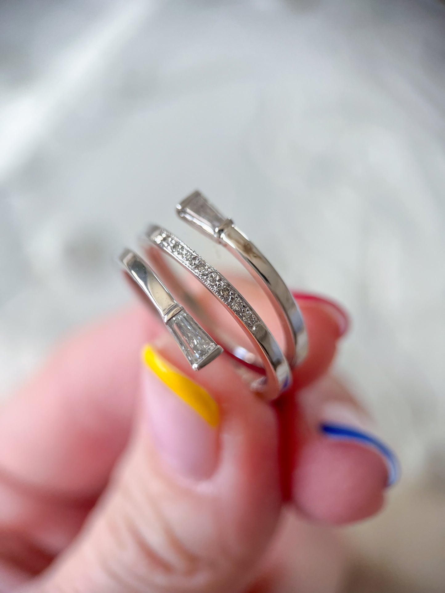 Vintage Baguette Natural Diamond Wrap 14k White Gold Ring