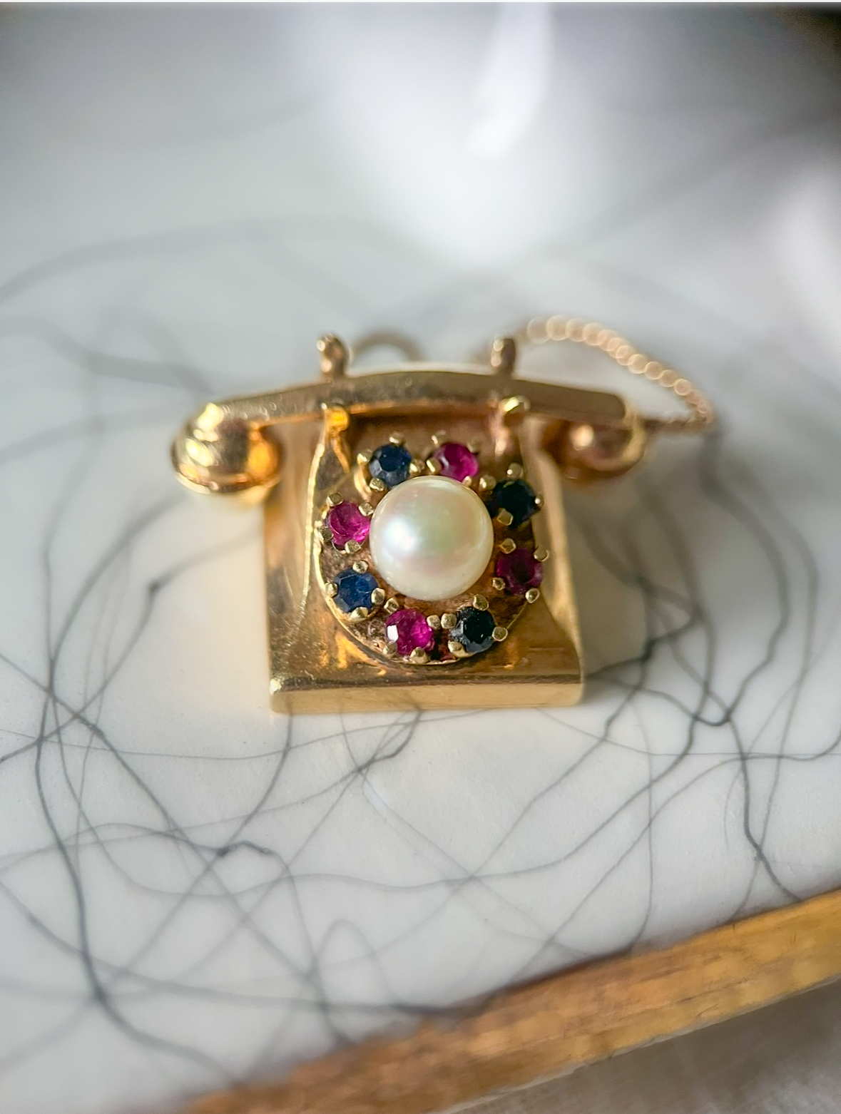 Vintage Telephone with Gemstones and Pearls 14k Yellow Gold Charm, circa 1950s