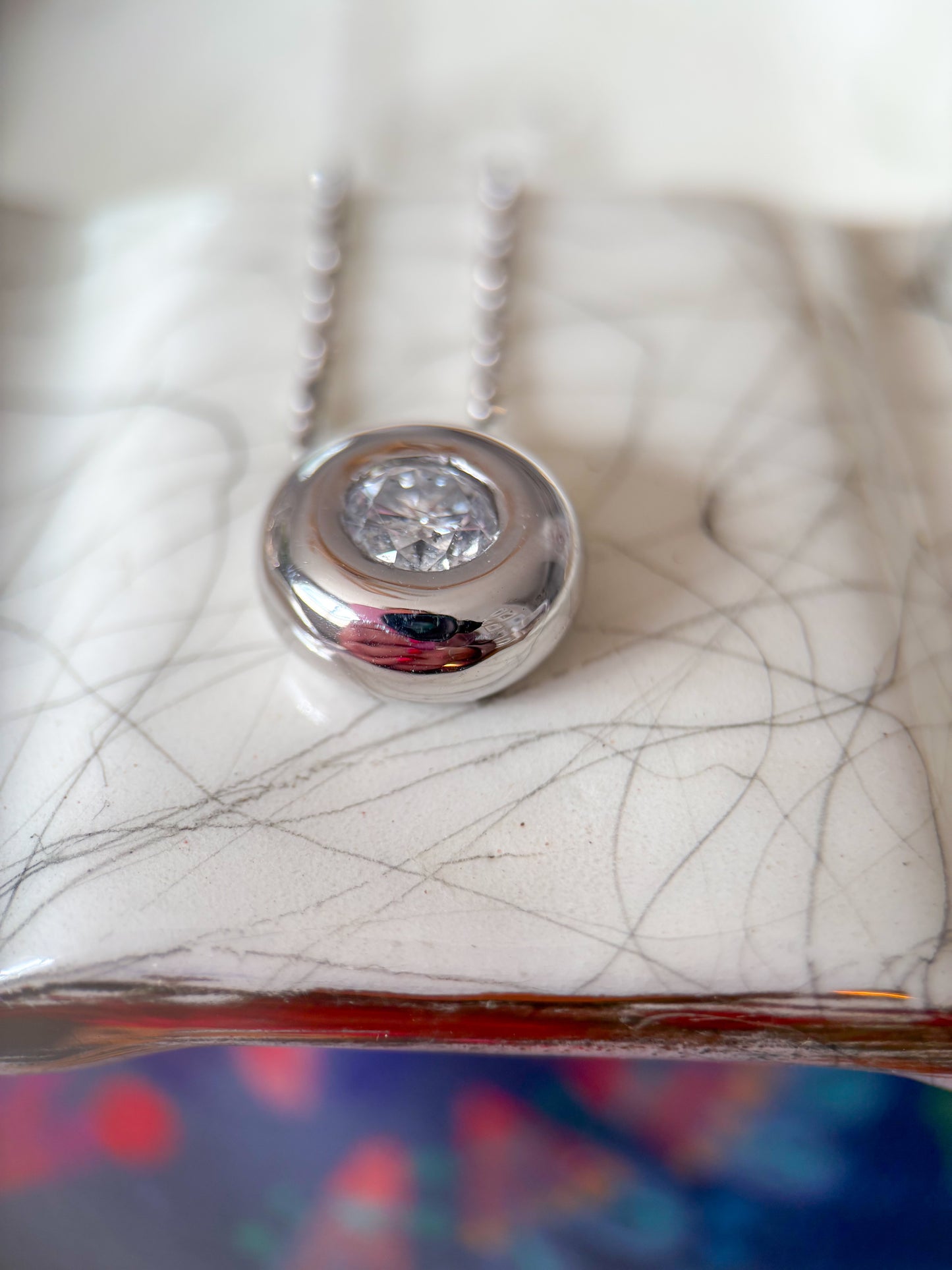 Vintage Bezel Set Natural Diamond Pendant 14k White Gold Charm with Ball Chain