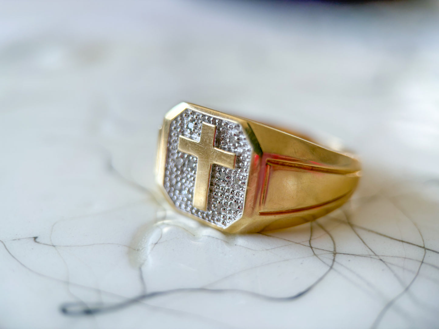 Vintage Cross Natural Diamond 10k Yellow Gold Men's Ring