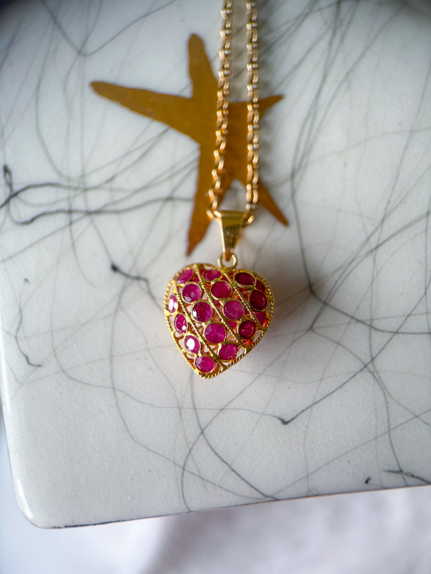 Vintage Natural Ruby Puffy Heart 18k Yellow Gold Charm, Circa 1990's