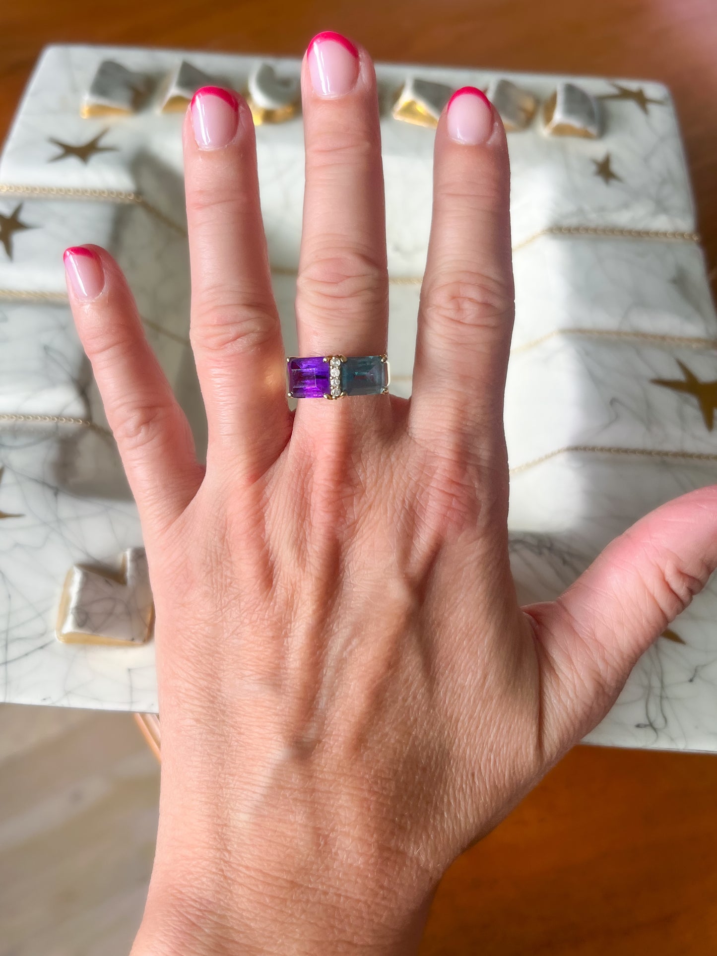 Vintage Natural Amethyst and Topaz Two Stone Ring with Natural Diamonds 14k Yellow Gold, circa 1980s