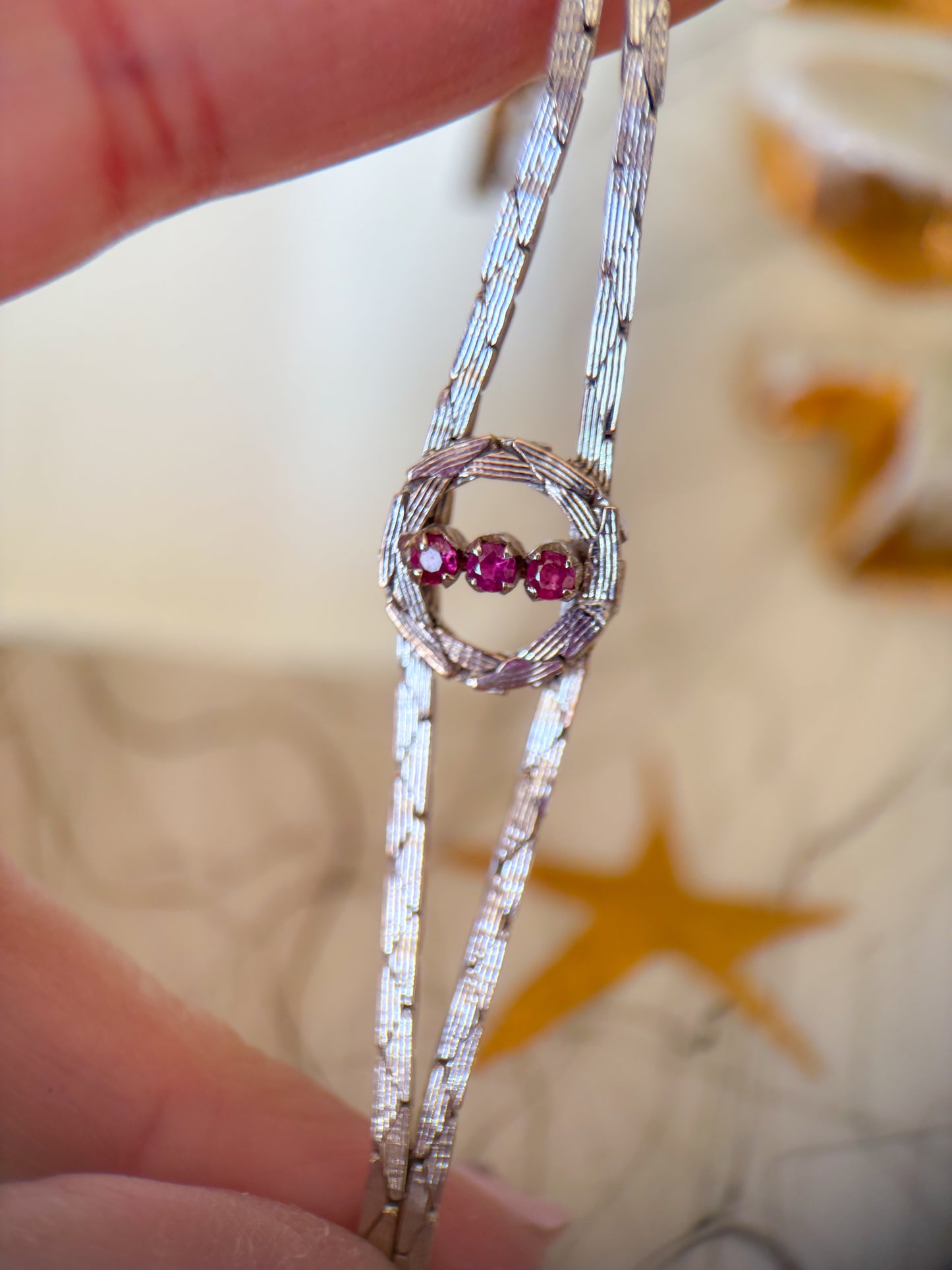 Vintage Natural Ruby 14k White Gold 7 Inch Cobra Chain Bracelet