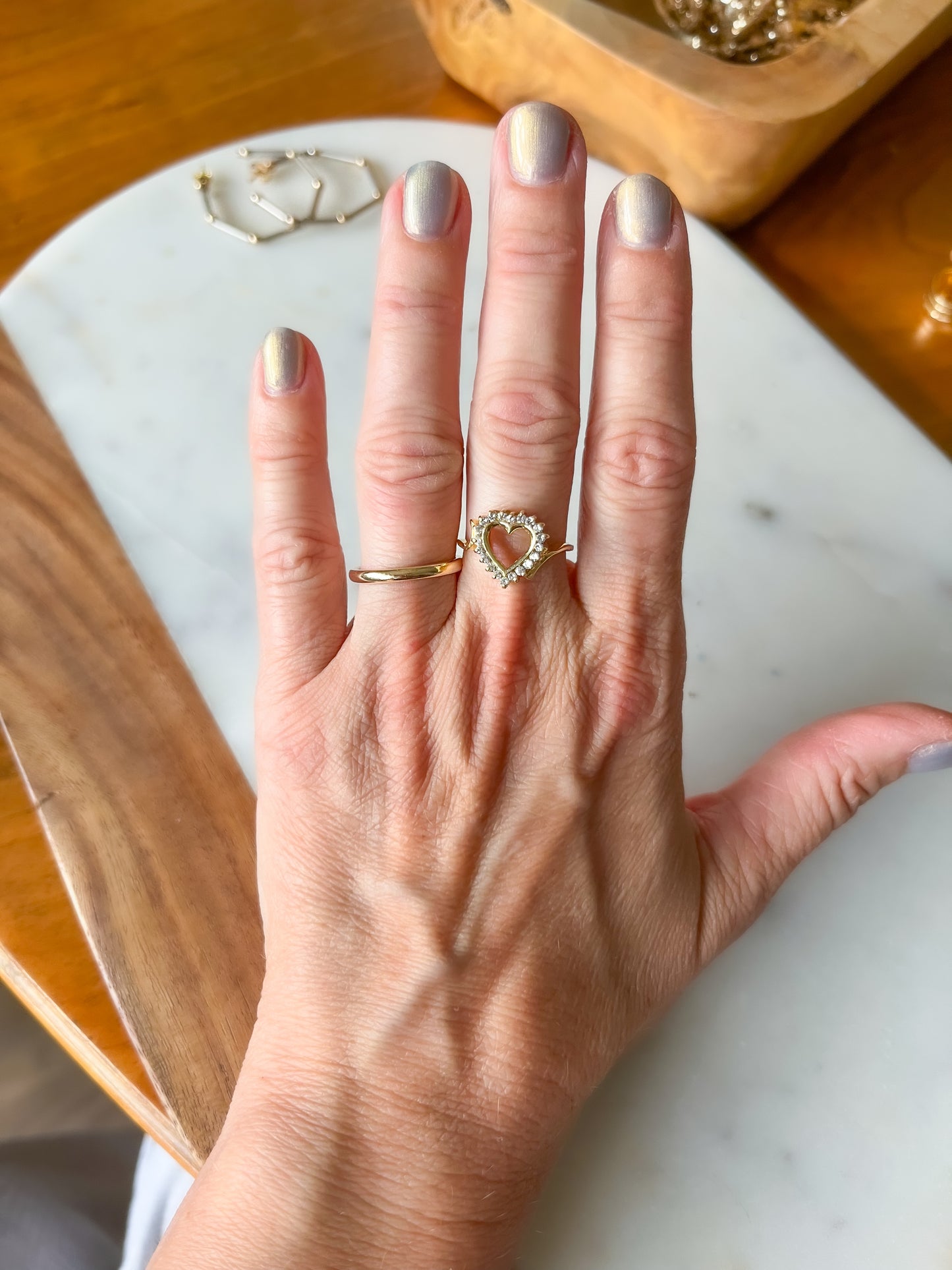 Vintage Natural Diamond 14k Yellow Gold Open Heart Ring